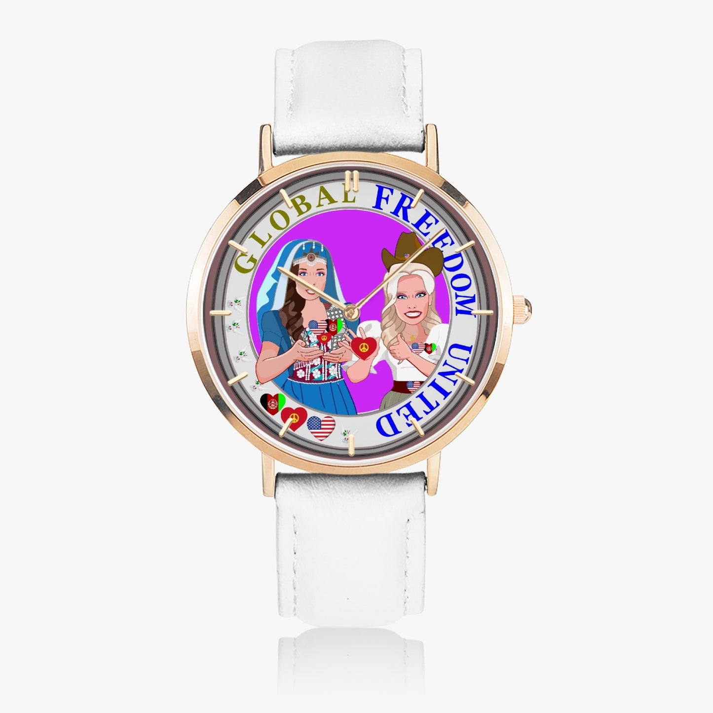 GLOBAL FREEDOM UNITED©  Hot Selling Ultra-Thin Leather Strap Quartz Watch (Rose Gold With Indicators) Women Afghanistan & USA