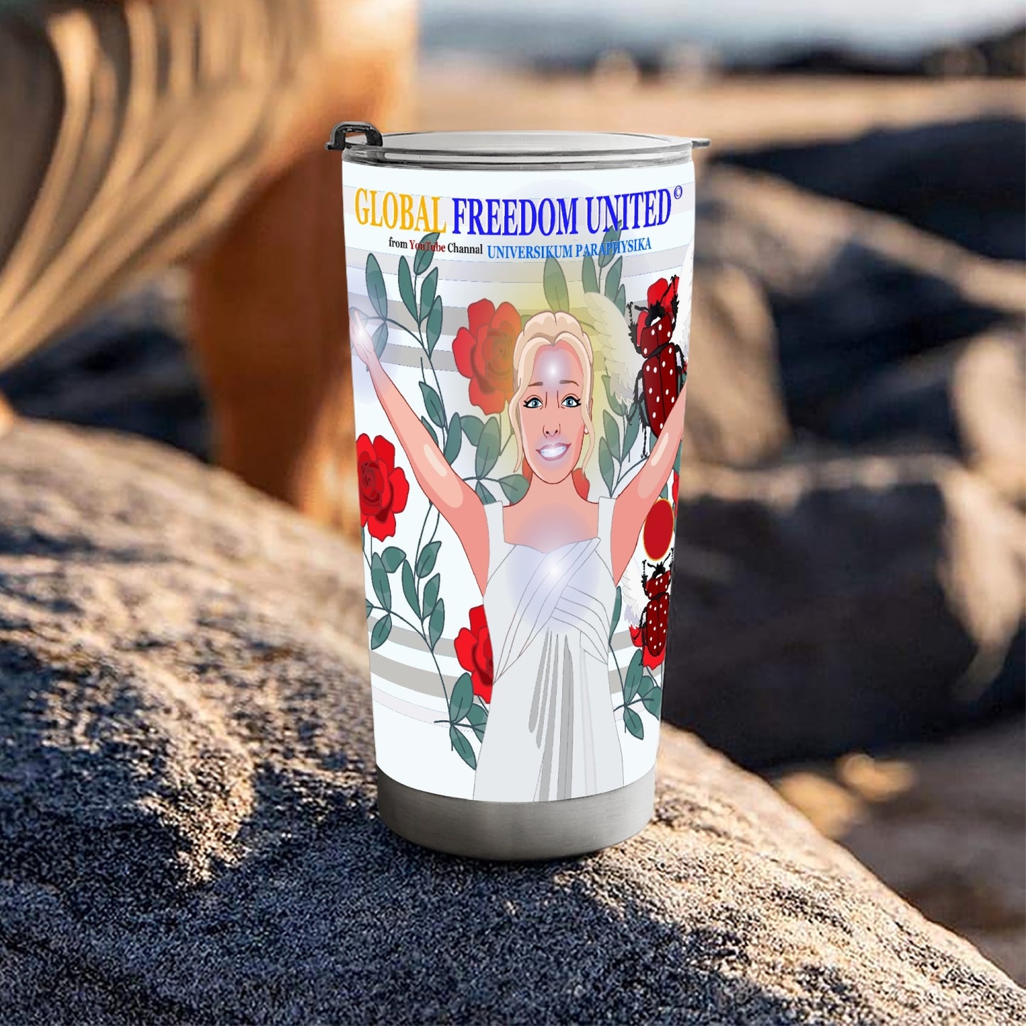 Tumbler GLOBAL FREEDOM UNITED© UNIVERSIKUM PARAPHYSIKA SPIRITUEL RED ROSES with Skarabeus Beetle