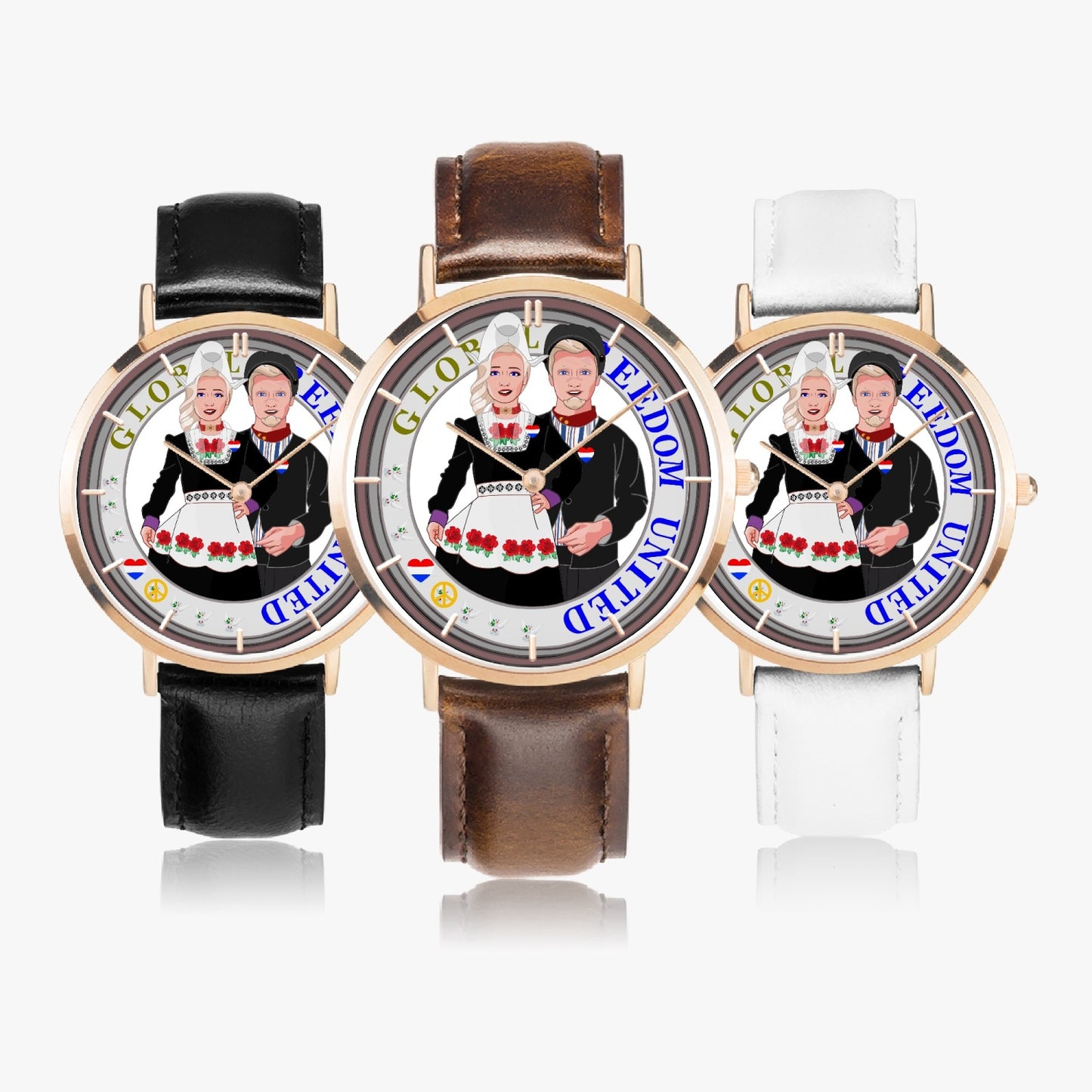 GLOBAL FREEDOM UNITED© Couple Nederland Hot Selling Ultra-Thin Leather Strap Quartz Watch (Rose Gold With Indicators)