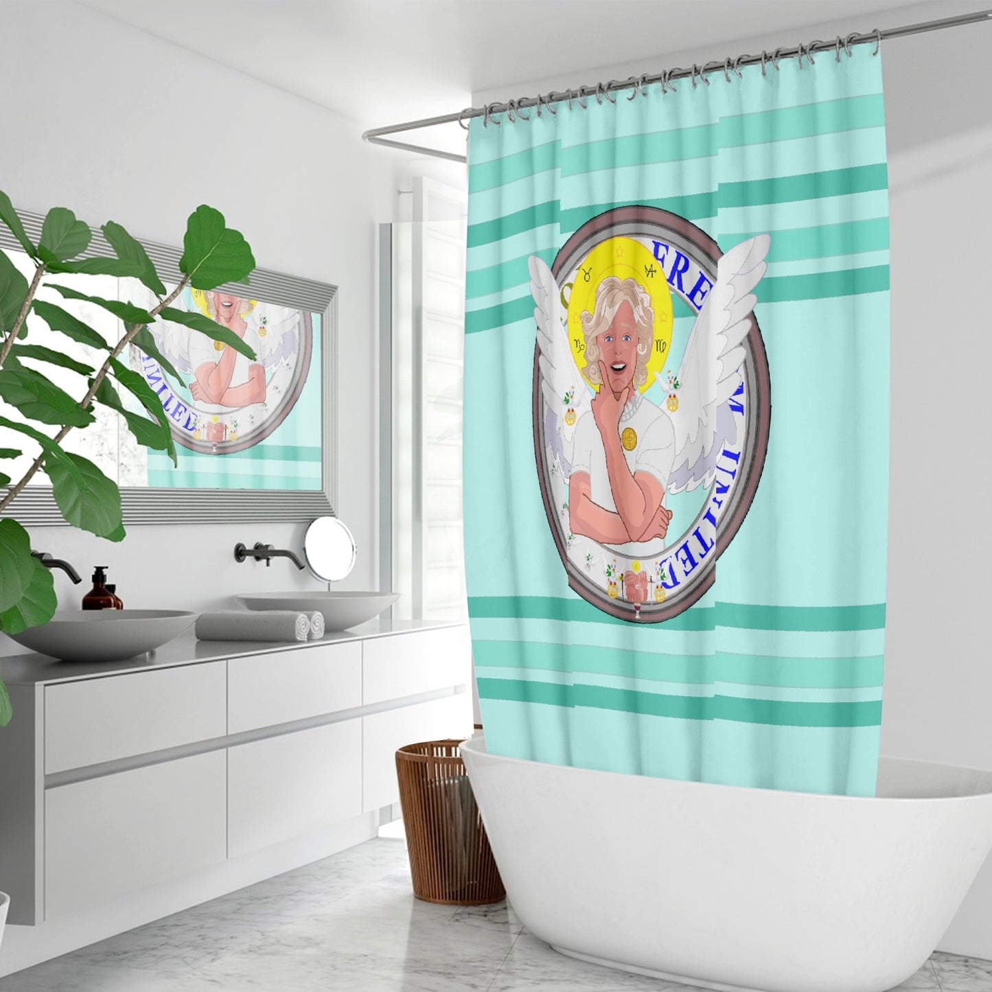 Quick-drying Shower Curtain GLOBAL FREEDOM UNITED© ARCHANGEL GABRIEL Light Green