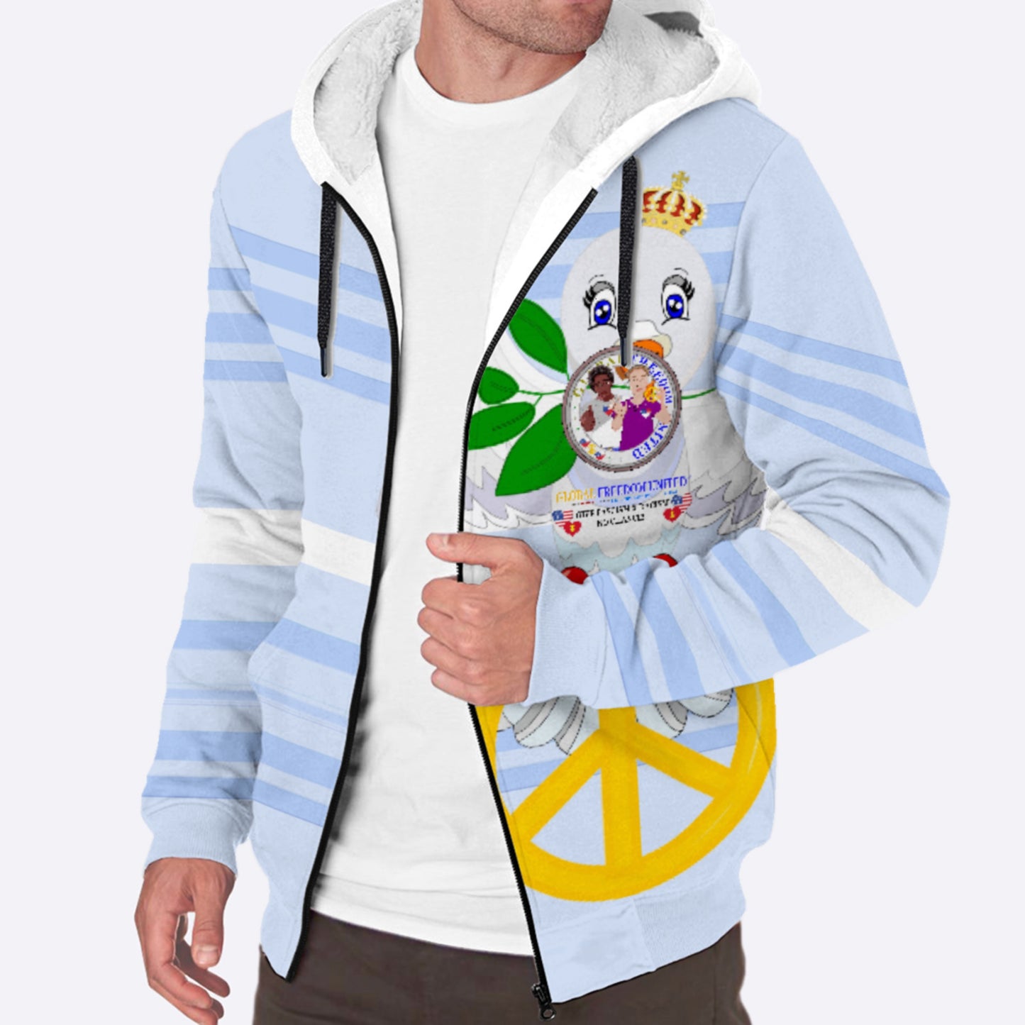 Plush Hoodie GLOBAL FREEDOM UNITED© Men Anti Racism & Fascism USA Light Blue