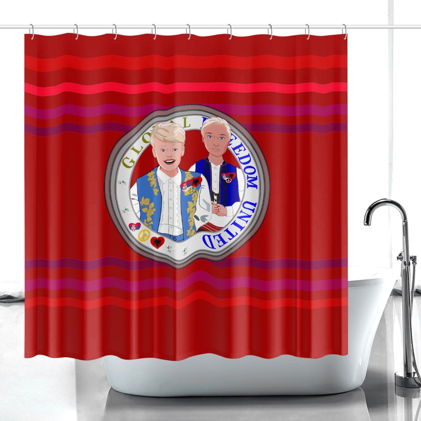 Quick-drying Shower Curtain GLOBAL FREEDOM UNITED© Men Albania & Serbia Red