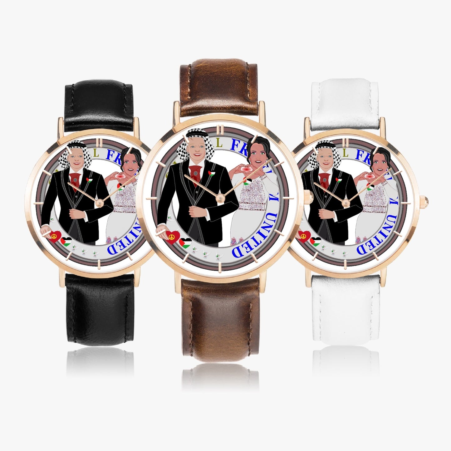 GLOBAL FREEDOM UNITED© Couple Palestina Hot Selling Ultra-Thin Leather Strap Quartz Watch (Rose Gold With Indicators)