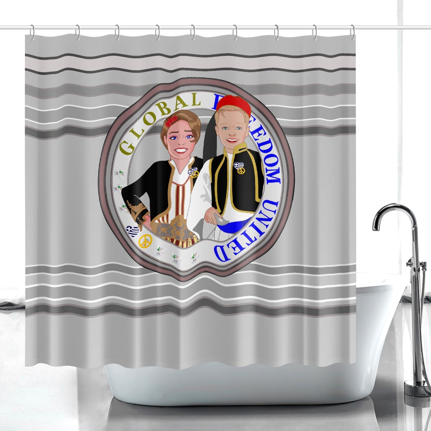 GLOBAL FREEDOM UNITED© Couple Greece Grey Quick-drying Shower Curtain