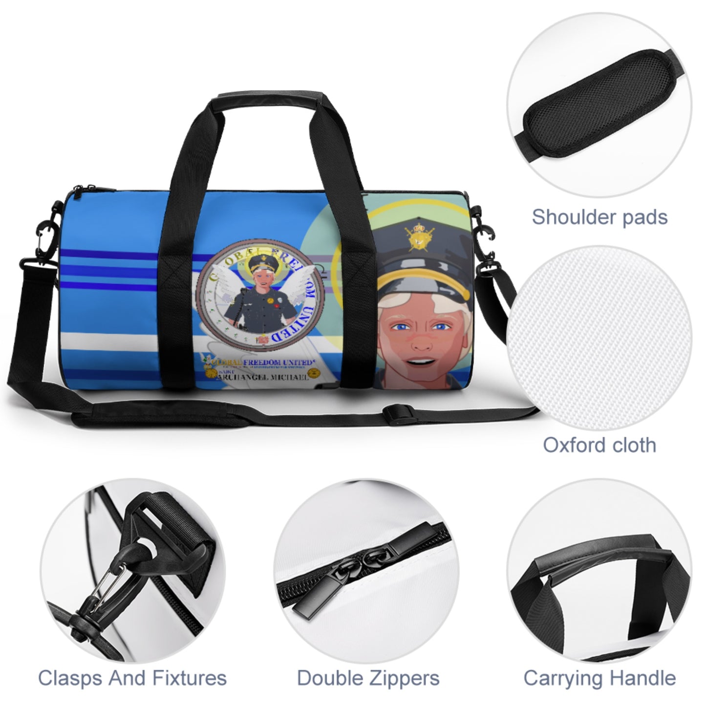Cylindrical Gym Bag GLOBAL FREEDOM UNITED© Archangel Michael As Policemen Deep Blue