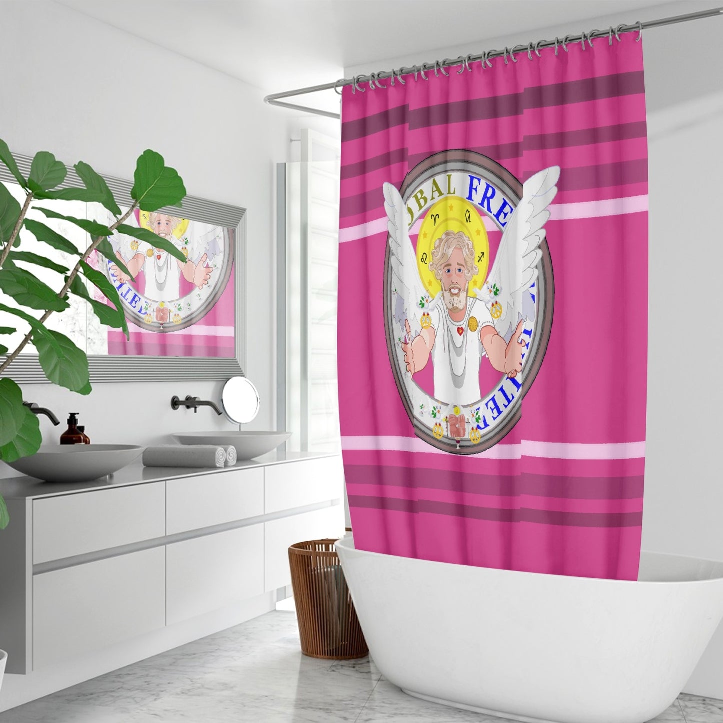 Quick-drying Shower Curtain GLOBAL FREEDOM UNITED© Archangel Uriel Pink2