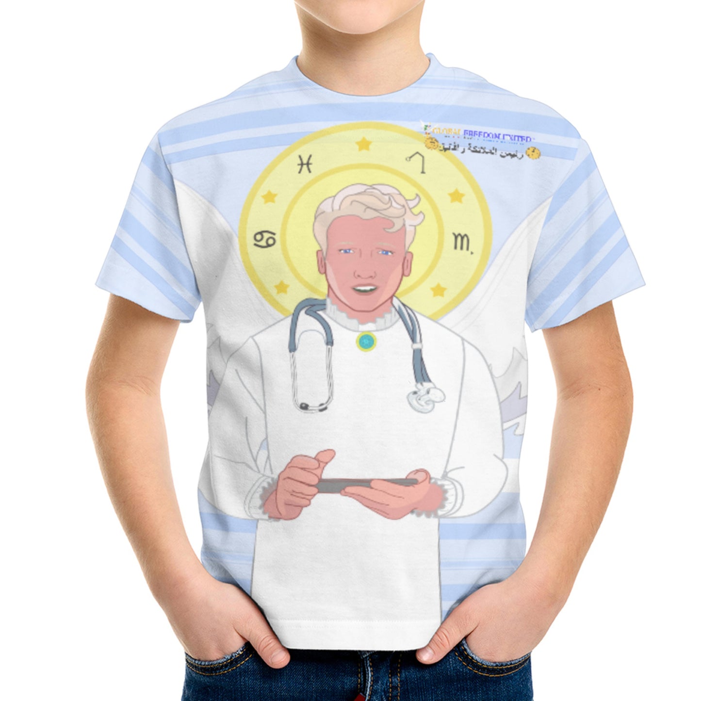 Kid´s T-shirt GLOBAL FREEDOM UNITED© Archangel Rafael Arabic Light Blue
