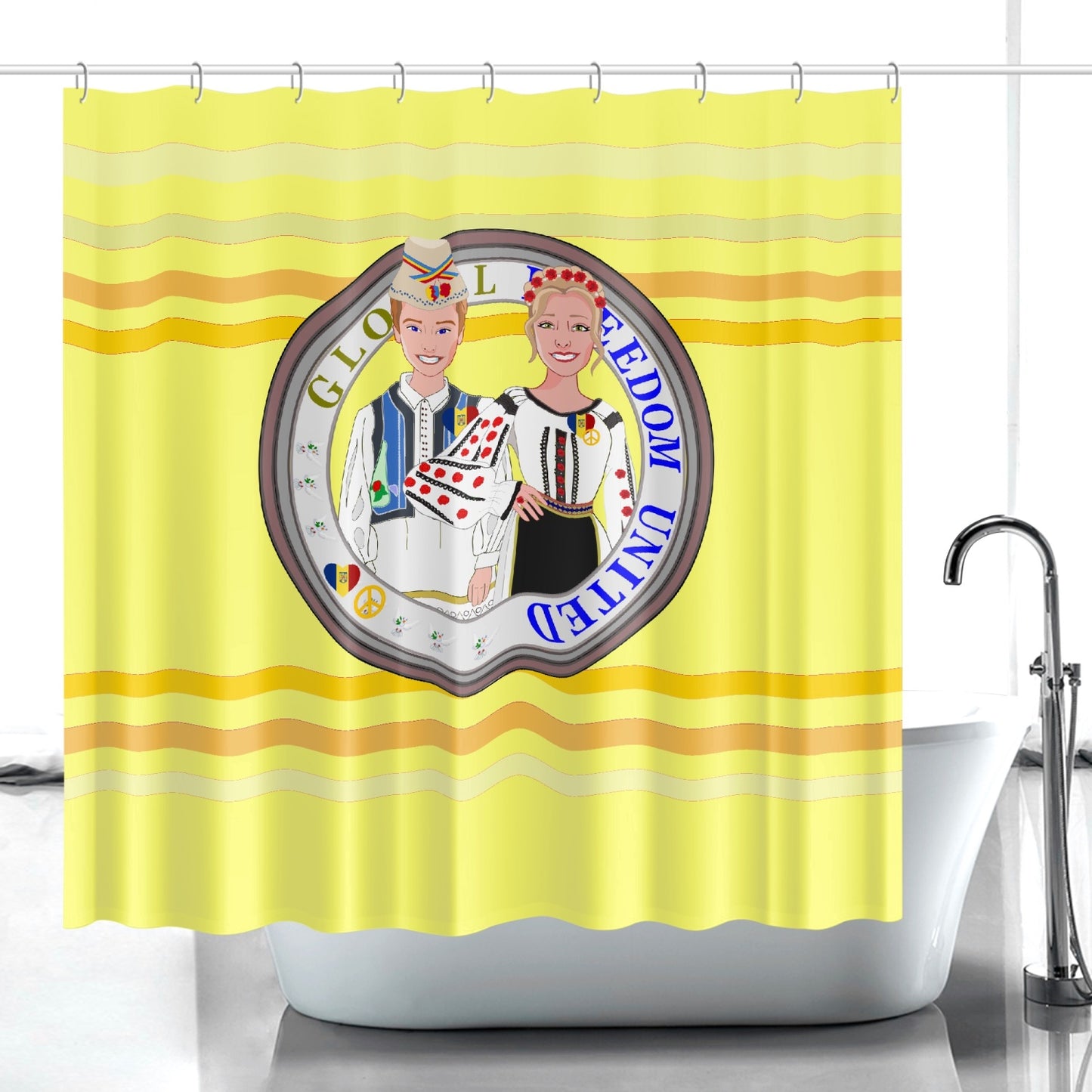 GLOBAL FREEDOM UNITED© Couple Romania Yellow - Quick-drying Shower Curtain