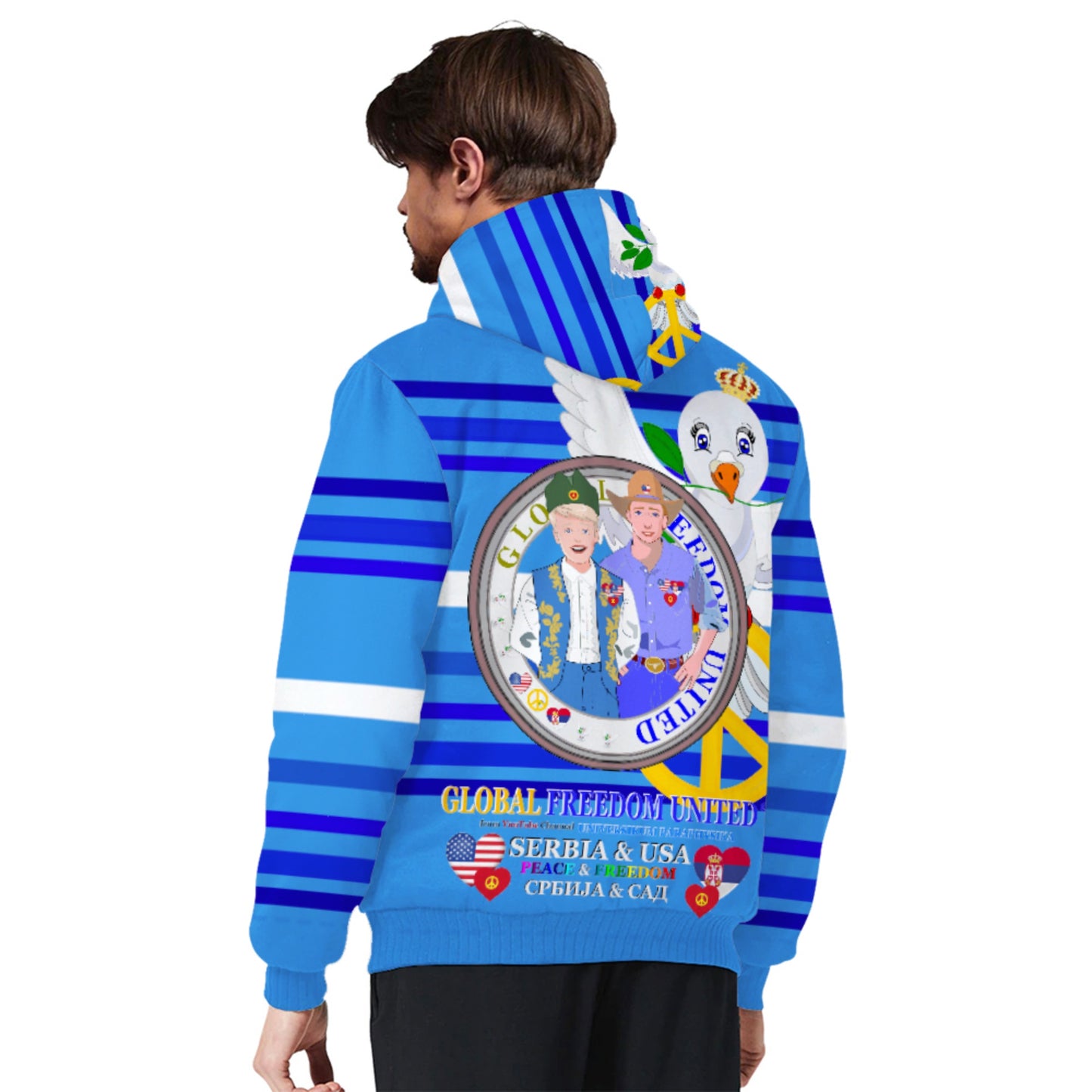 Plush Hoodie GLOBAL FREEDOM UNITED© Men Serbia & USA Deep Blue