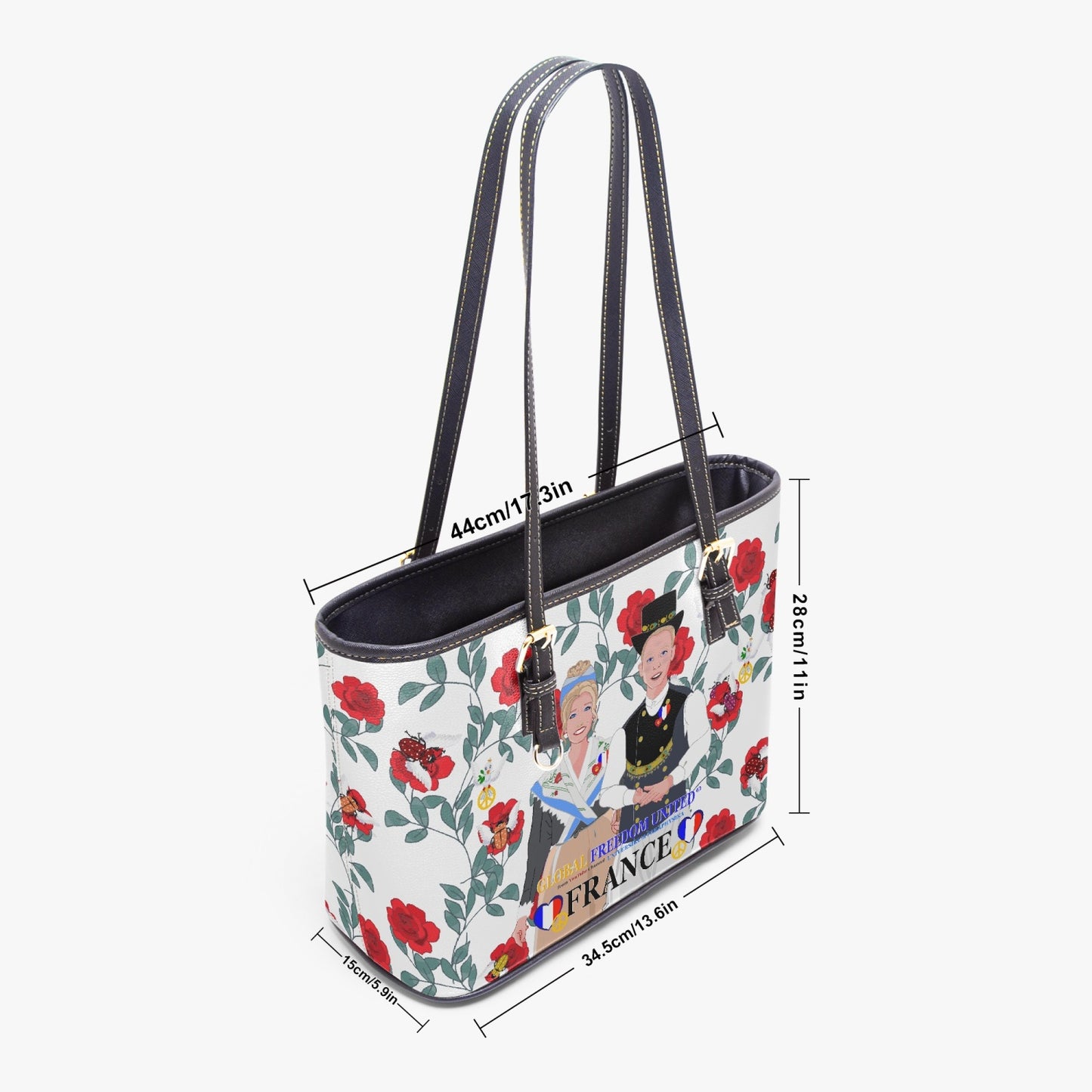 GLOBAL FREEDOM UNITED© Couple French Red Roses Large Leather Tote Bag for Women