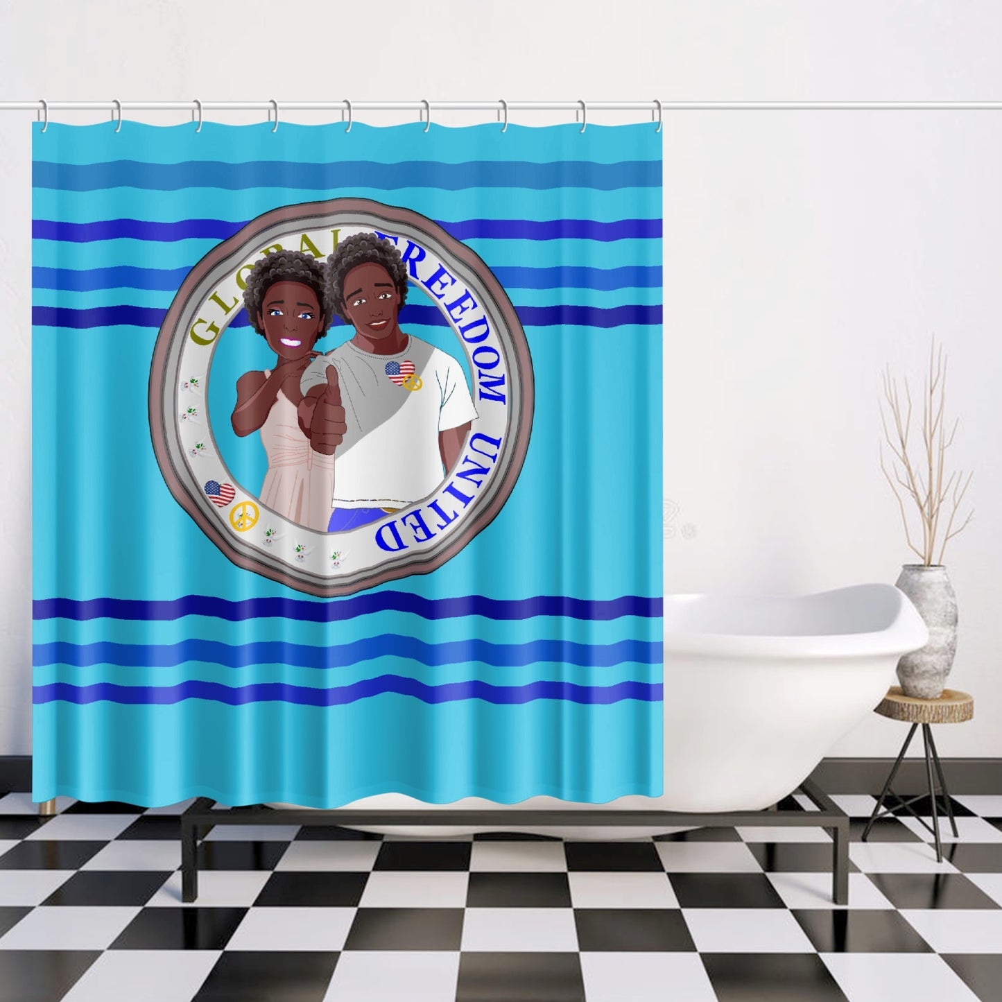 Quick-drying Shower Curtain GLOBAL FREEDOM UNITED© Couple USA Afro American Deep Blue