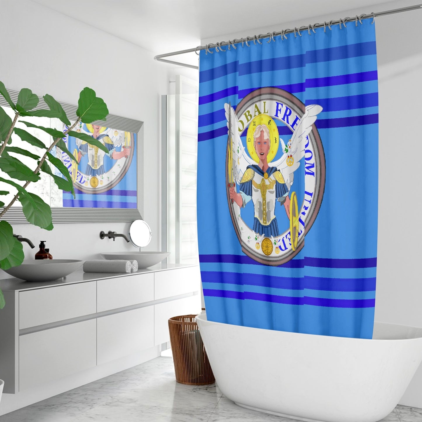 Quick-drying Shower Curtain GLOBAL FREEDOM UNITED© Archangel Michael Version 1 Deep Blue