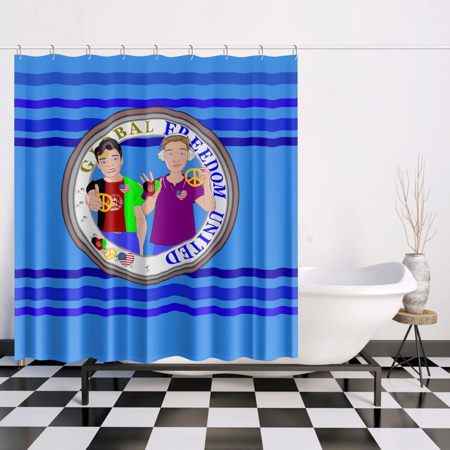 Quick-drying Shower Curtain GLOBAL FREEDOM UNITED© Men Afghanistan & USA Deep Blue