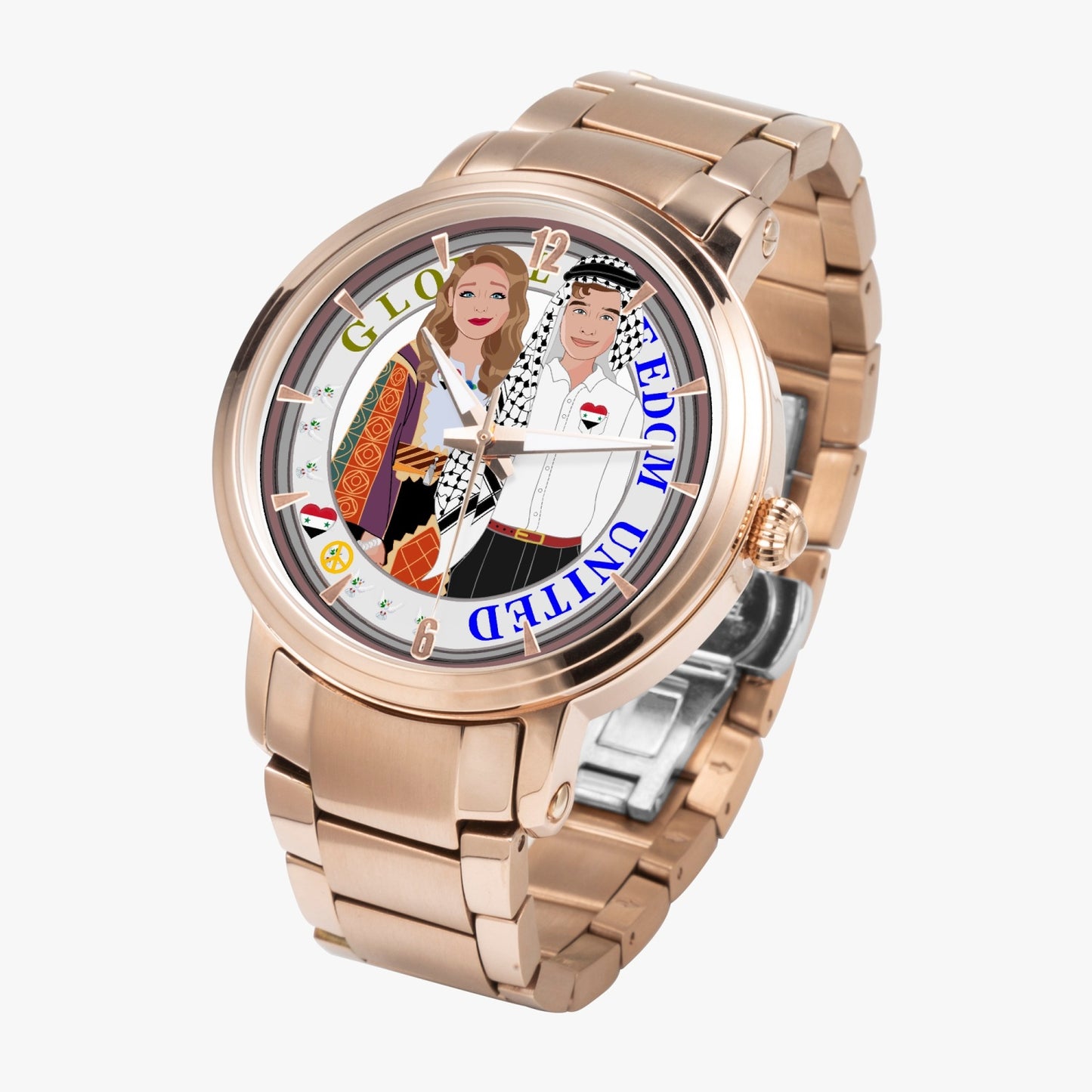 GLOBAL FREEDOM UNITED© Couple Syria New Steel Strap Automatic Watch (With Indicators)