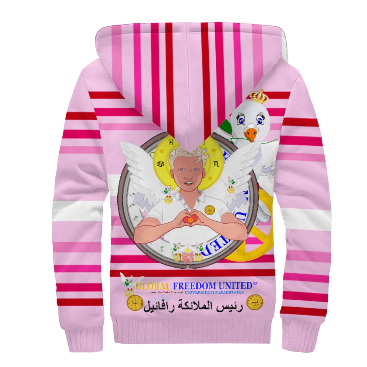 Plush Hoodie GLOBAL FREEDOM UNITED© Archangel Rafael Arabic Pink1