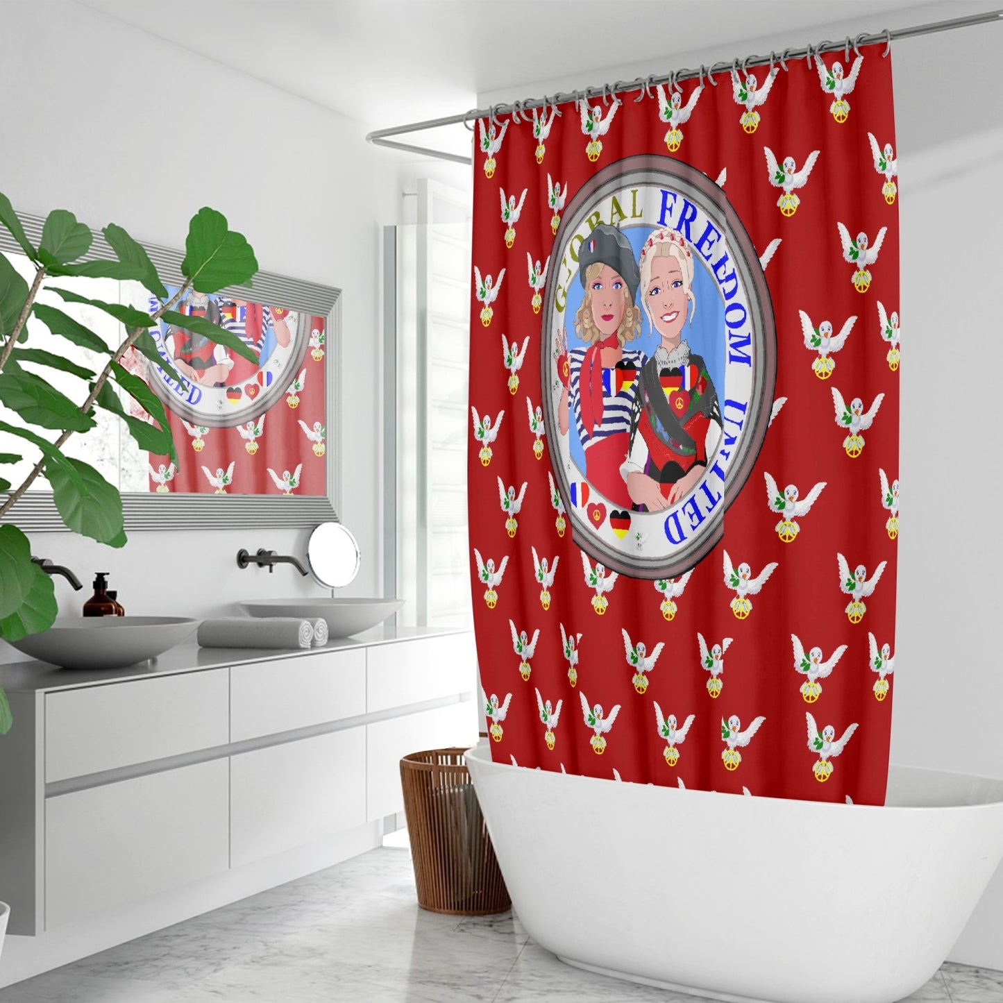 GLOBAL FREEDOM UNITED WOMEN FRENCH & GERMANY OLD PEACE RED Quick-drying Shower Curtain