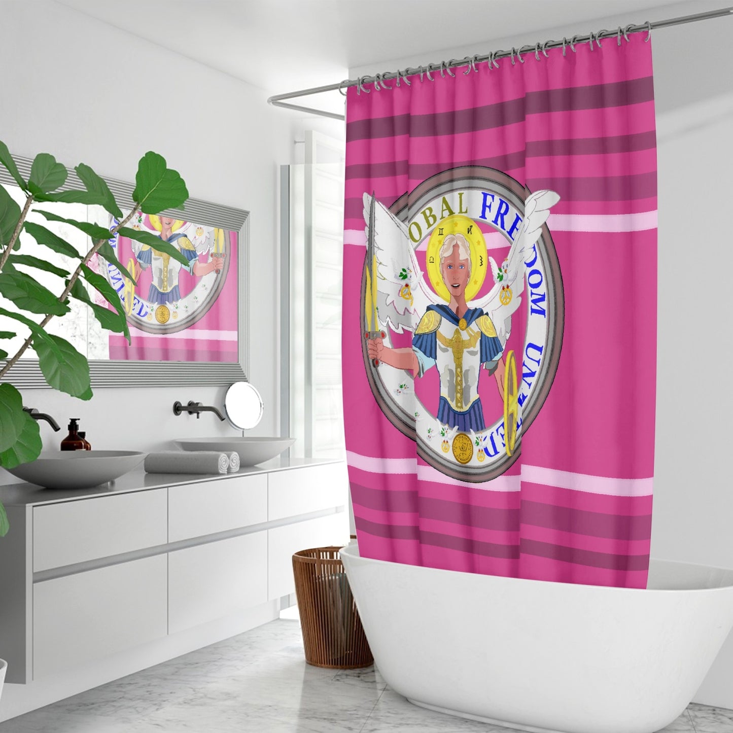 Quick-drying Shower Curtain GLOBAL FREEDOM UNITED© Archangel Michael Version 1 Pink2