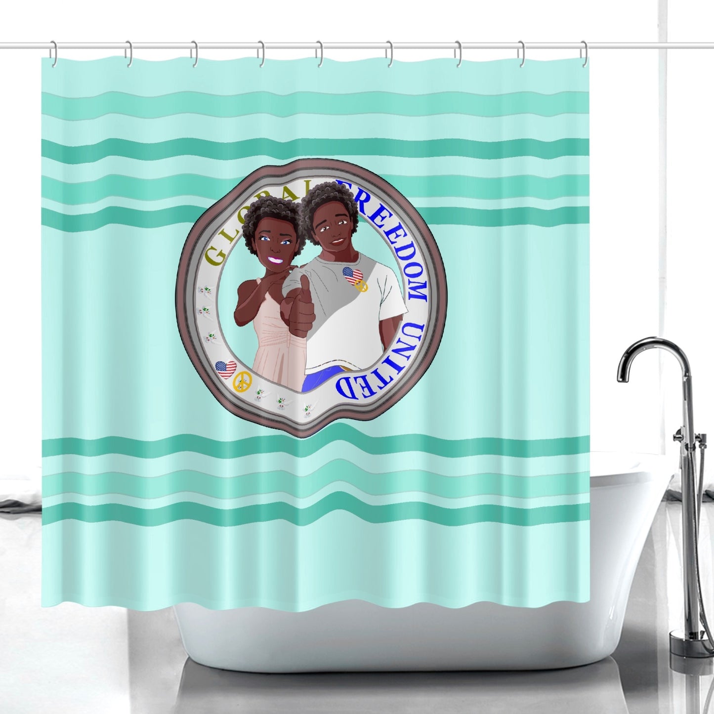 Quick-drying Shower Curtain GLOBAL FREEDOM UNITED© Couple USA Afro American Light Green