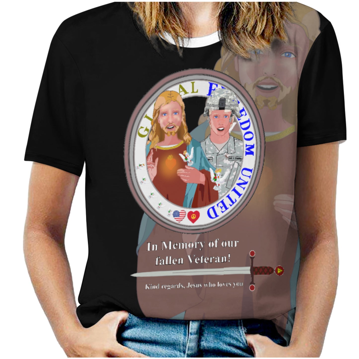 Women´s T-shirt Black GLOBAL FREEDOM UNITED© Jesus Christ For Fallen Veteran US Afro American Soldiers V4