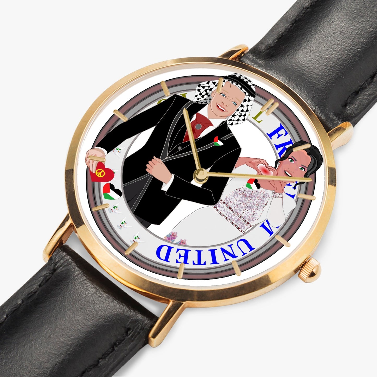 GLOBAL FREEDOM UNITED© Couple Palestina Hot Selling Ultra-Thin Leather Strap Quartz Watch (Rose Gold With Indicators)