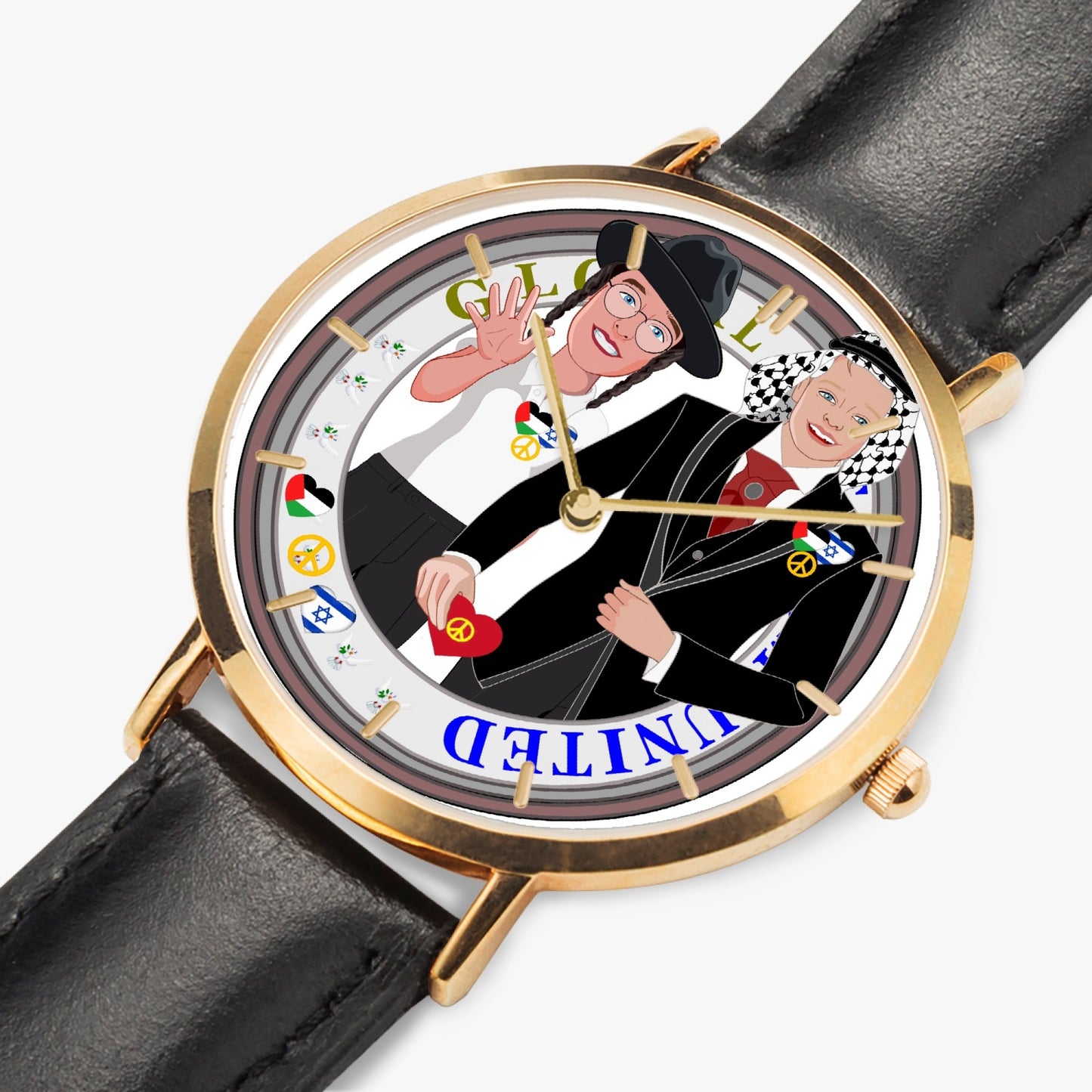 GLOBAL FREEDOM UNITED© Hot Selling Ultra-Thin Leather Strap Quartz Watch (Rose Gold With Indicators) Men Israel & Palestina