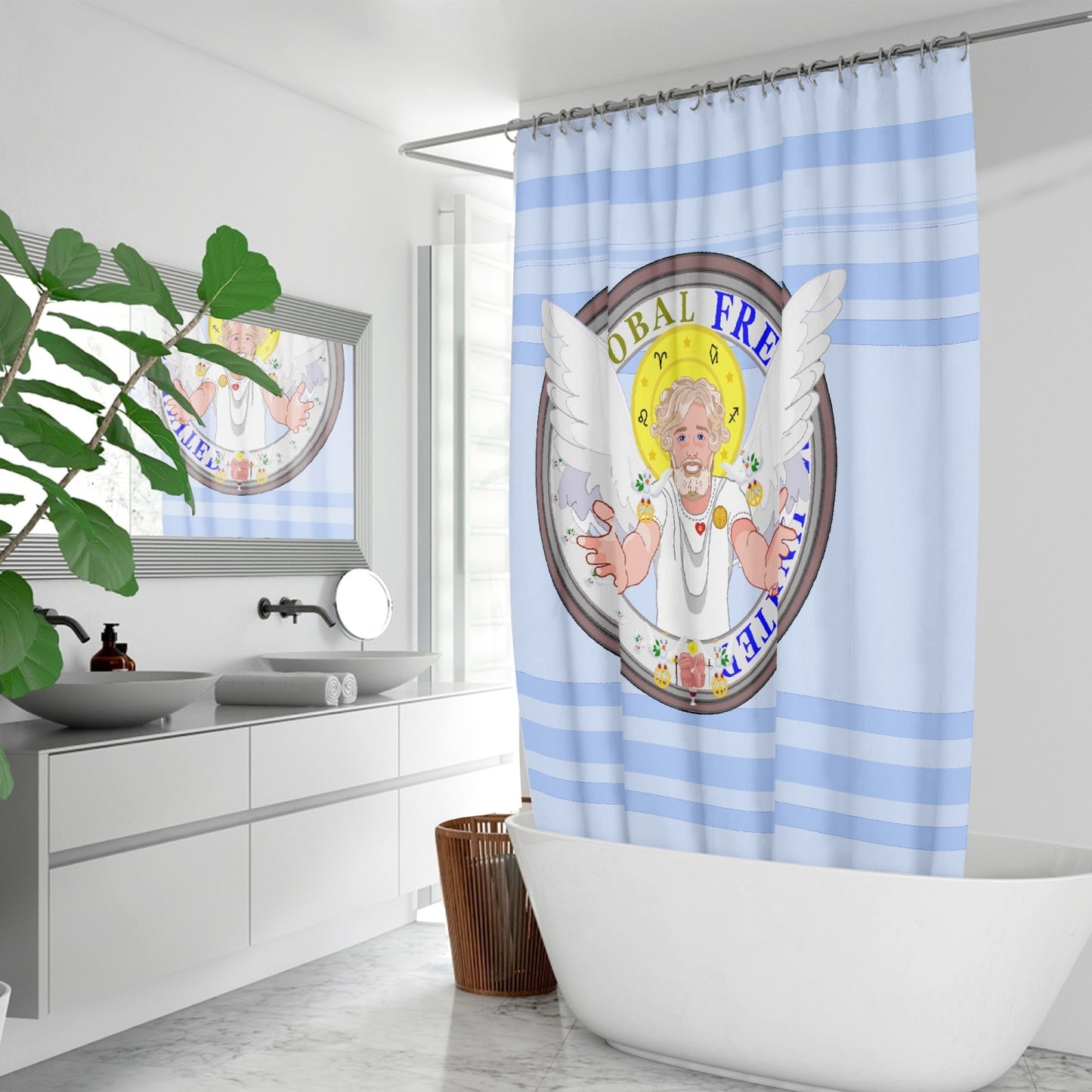 Quick-drying Shower Curtain GLOBAL FREEDOM UNITED© Archangel Uriel Light Blue