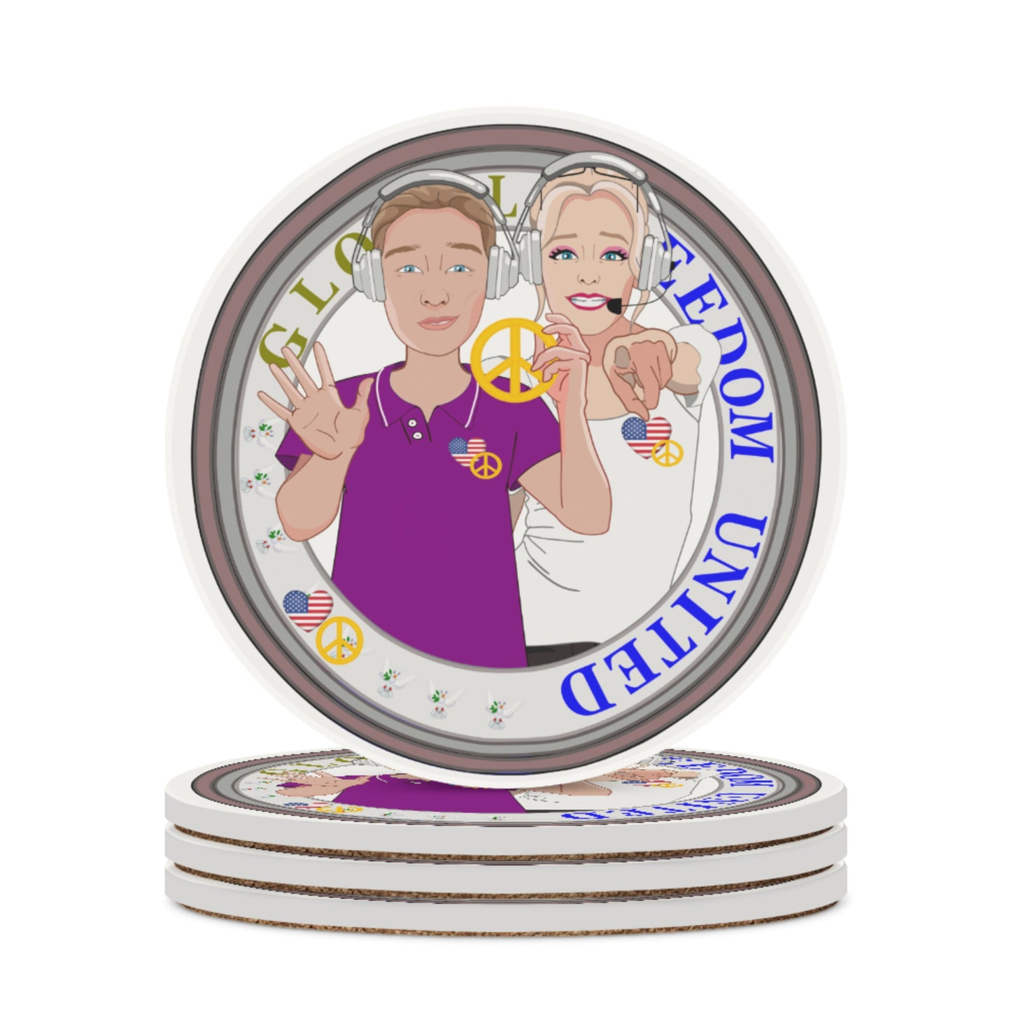 Ceramic Coasters Global Freedom United© Couple Usa Wight American