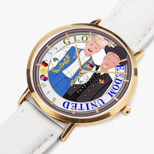 GLOBAL FREEDOM UNITED© Men Serbia & Germany V2 Hot Selling Ultra-Thin Leather Strap Quartz Watch (Rose Gold With Indicators)