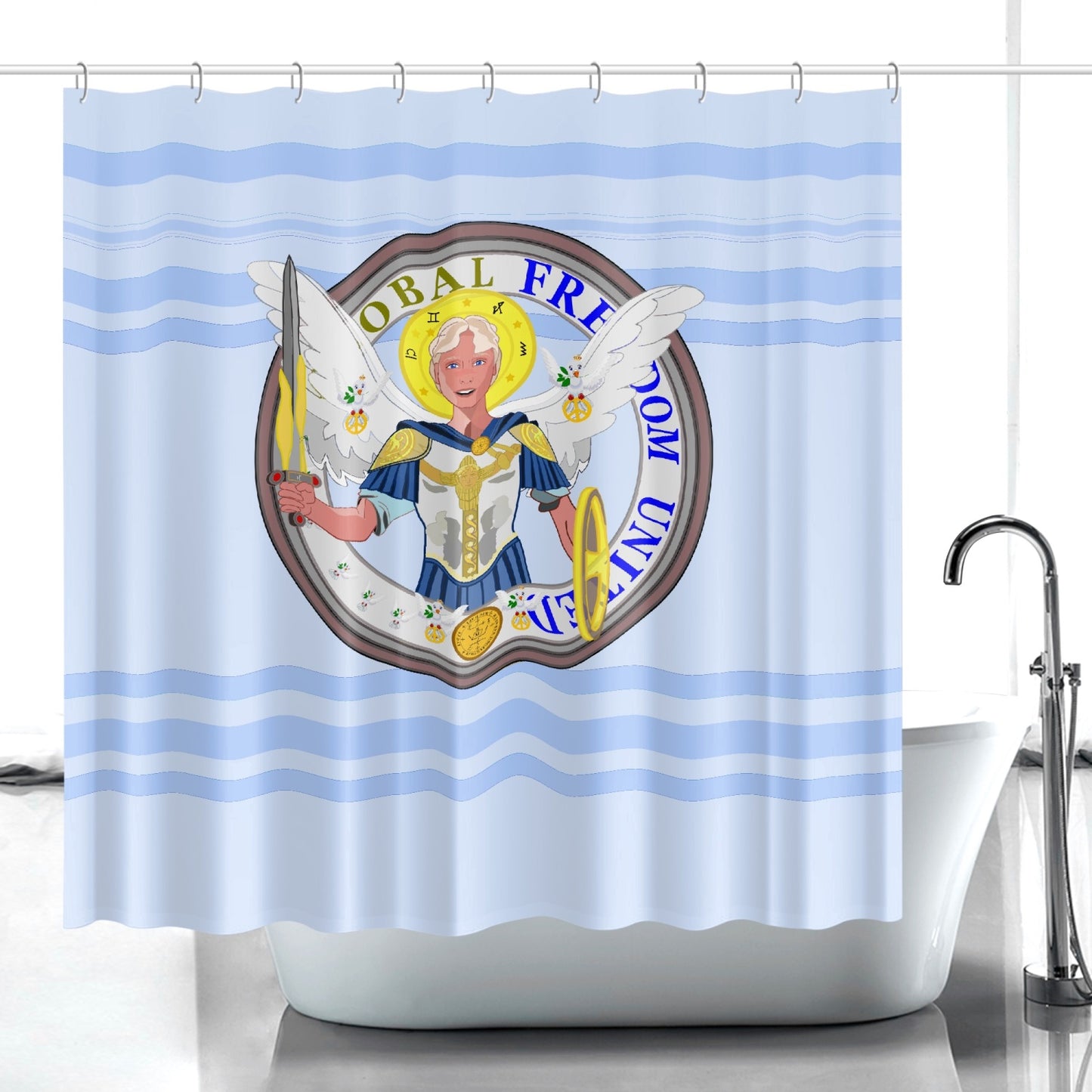 Quick-drying Shower Curtain GLOBAL FREEDOM UNITED© Archangel Michael Version 1 Light Blue