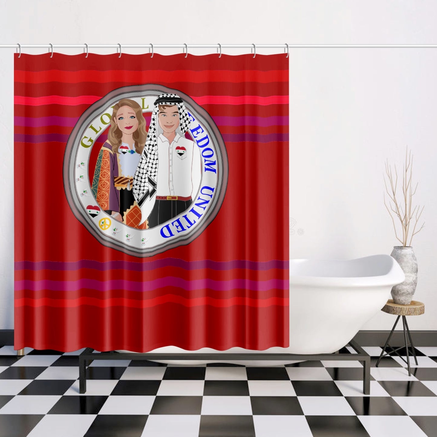 GLOBAL FREEDOM UNITED© Couple Syria Red - Quick-drying Shower Curtain