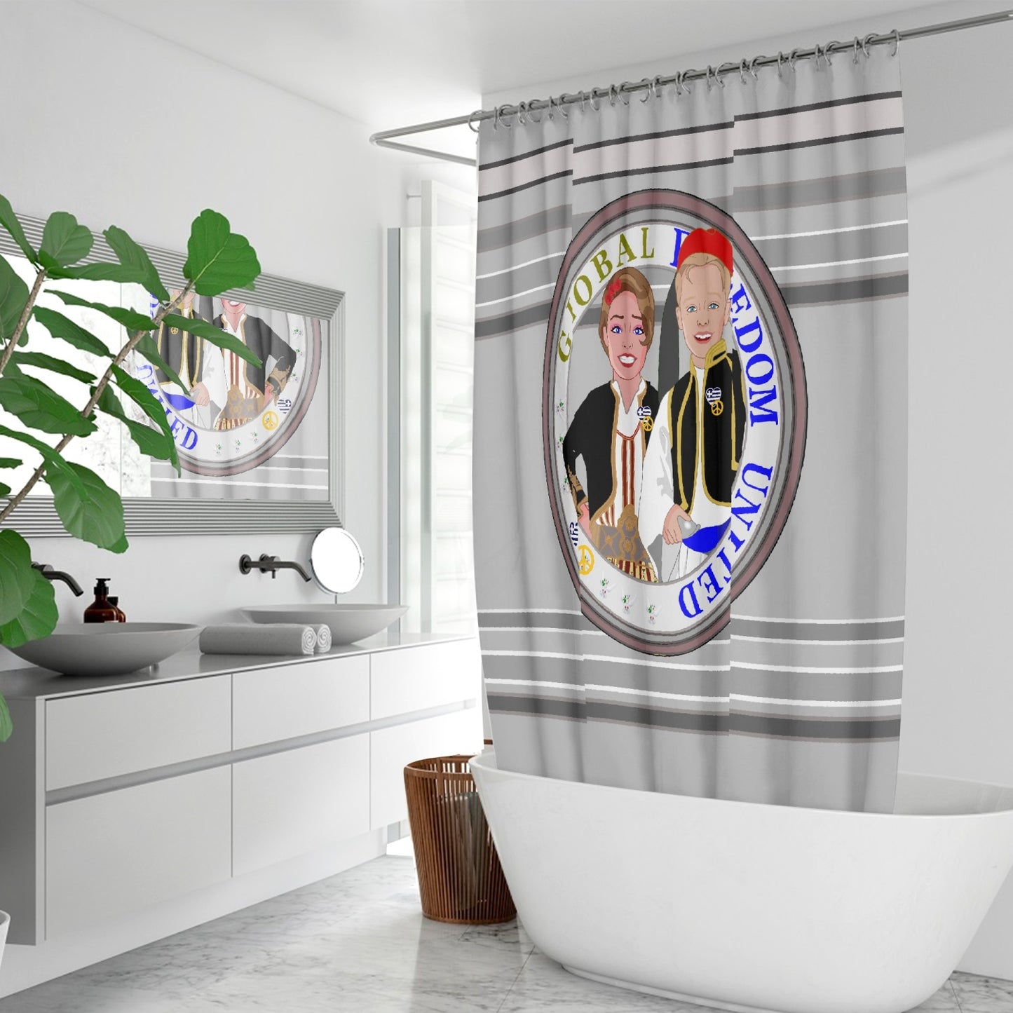 GLOBAL FREEDOM UNITED© Couple Greece Grey Quick-drying Shower Curtain