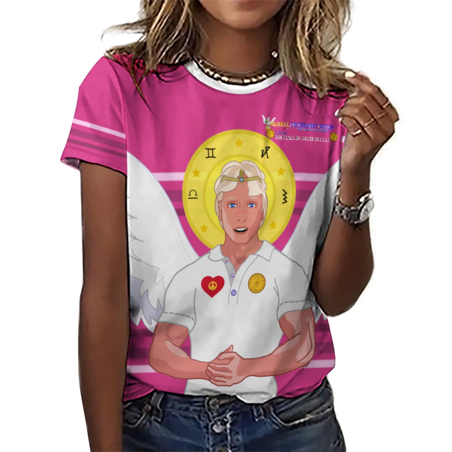 Women´s T-shirt  Global Freedom United© Archangel Michael In Latin V2 Pink2