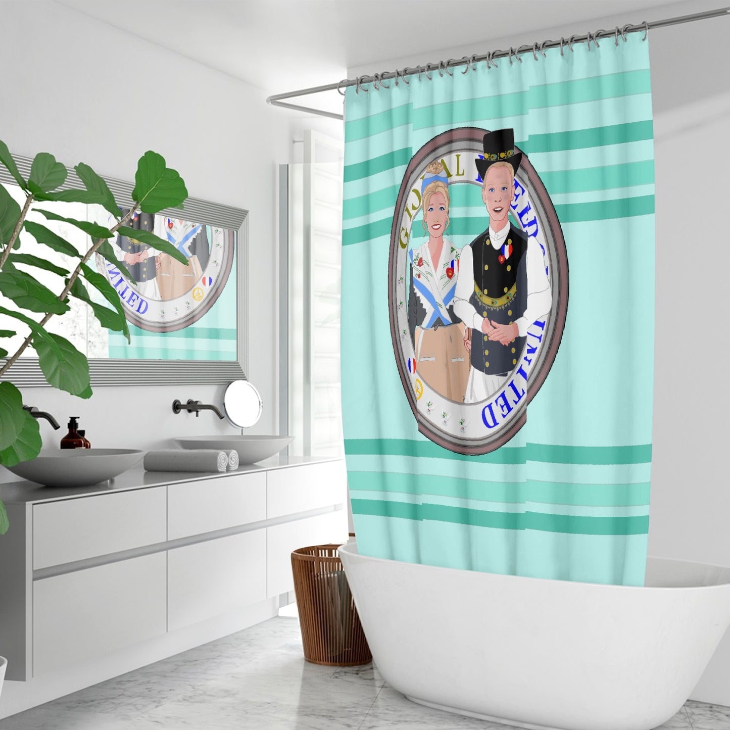GLOBAL FREEDOM UNITED© Couple France Light Green - Quick-drying Shower Curtain