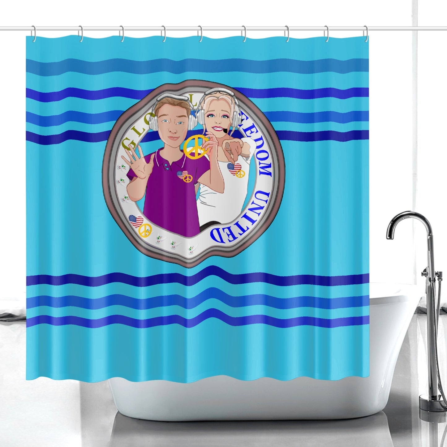 Quick-drying Shower  Curtain GLOBAL FREEDOM UNITED© Couple USA Wight American Deep Blue