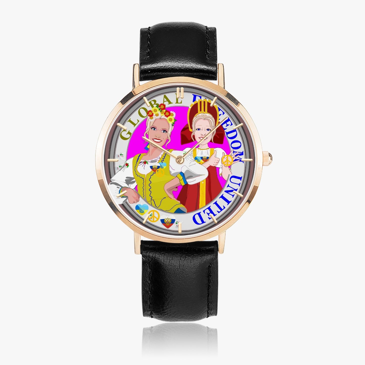 GLOBAL FREEDOM UNITED© Hot Selling Ultra-Thin Leather Strap Quartz Watch (Rose Gold With Indicators) Women Ukraina & Russia