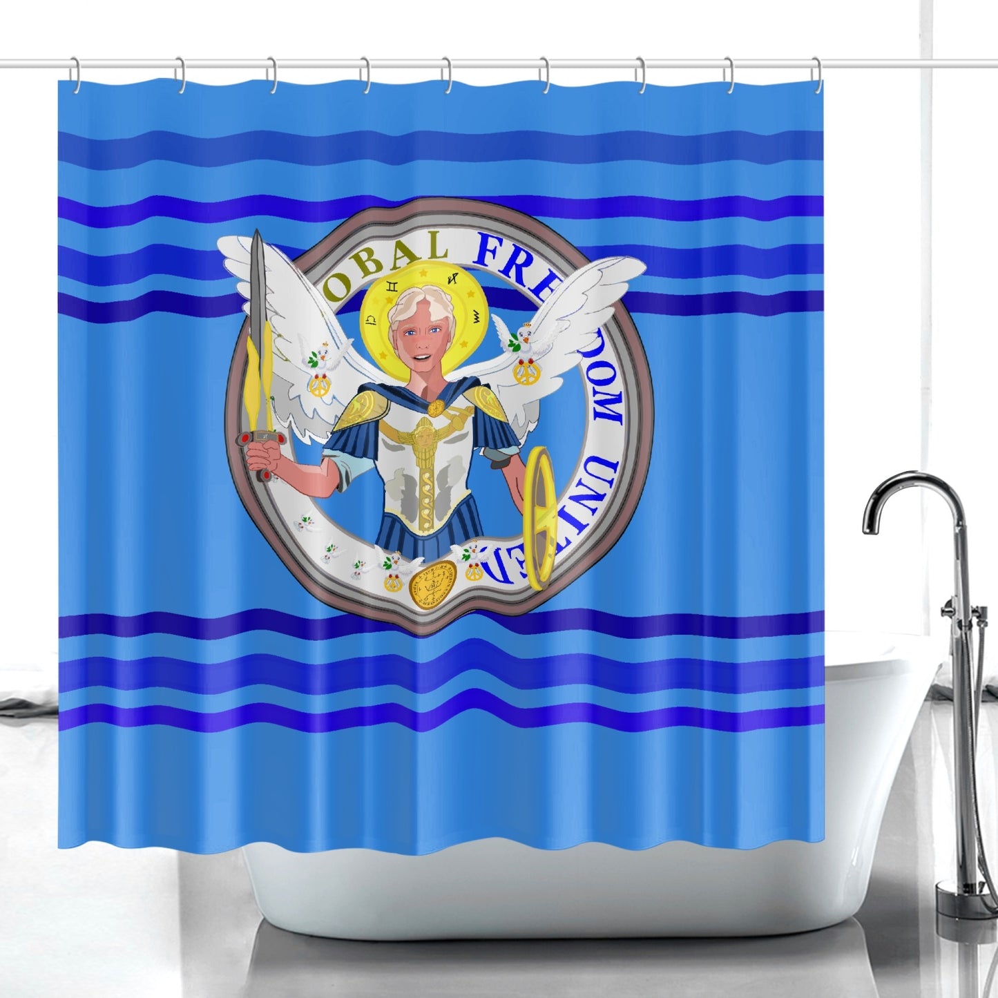 Quick-drying Shower Curtain GLOBAL FREEDOM UNITED© Archangel Michael Version 1 Deep Blue