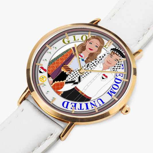 GLOBAL FREEDOM UNITED© Couple Syria Hot Selling Ultra-Thin Leather Strap Quartz Watch (Rose Gold With Indicators)