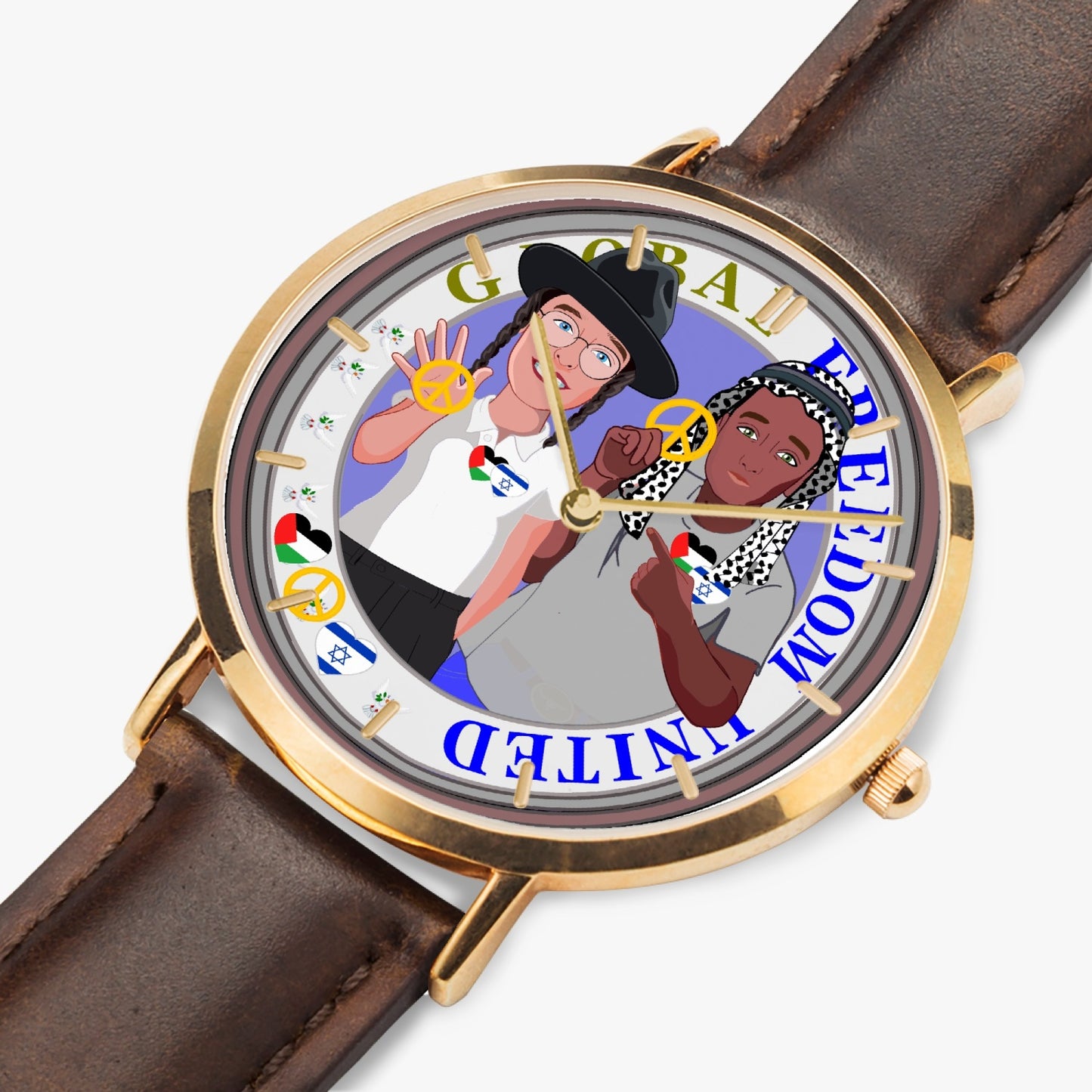 Hot Selling Ultra-Thin Leather Strap Quartz Watch (Rose Gold With Indicators) GLOBAL FREEDOM UNITED MEN ISRAEL & PALESTINA