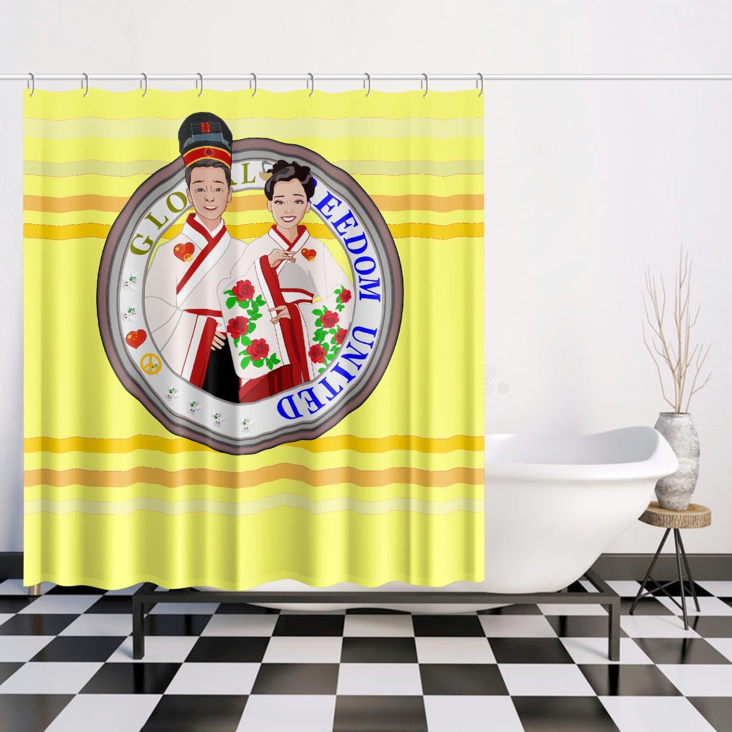 GLOBAL FREEDOM UNITED© Couple China Yellow - Quick-drying Shower Curtain