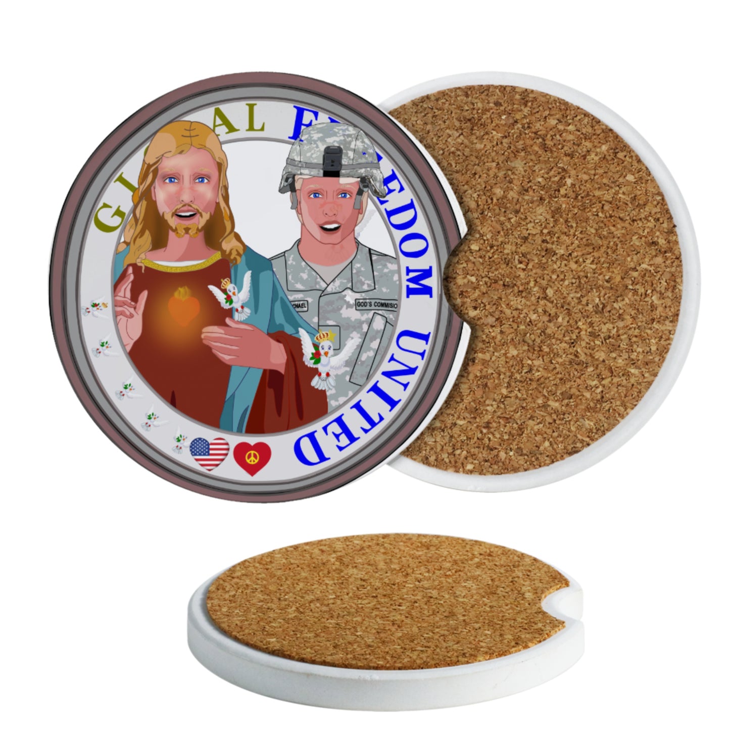 Ceramic Car Coasters GLOBAL FREEDOM UNITED© Jesus Is A Hero Veteran For US American Soldiers Men