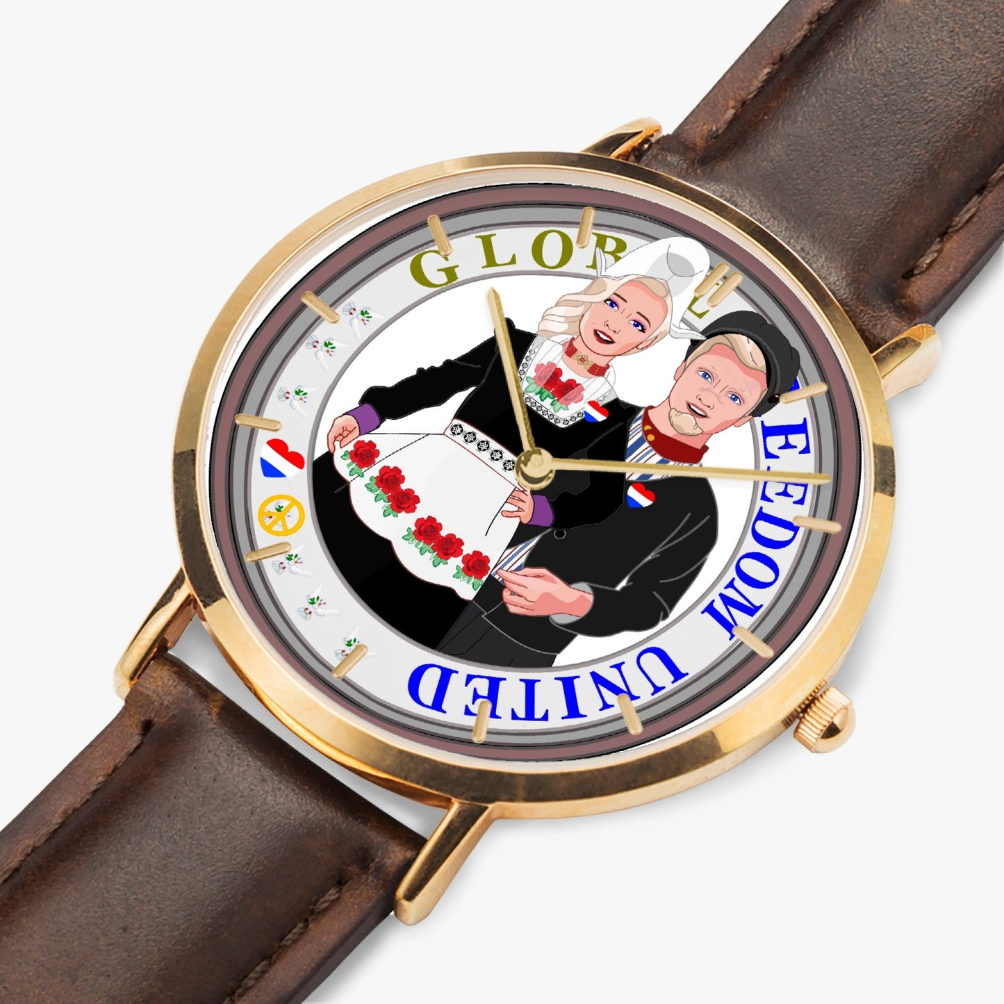 GLOBAL FREEDOM UNITED© Couple Nederland Hot Selling Ultra-Thin Leather Strap Quartz Watch (Rose Gold With Indicators)
