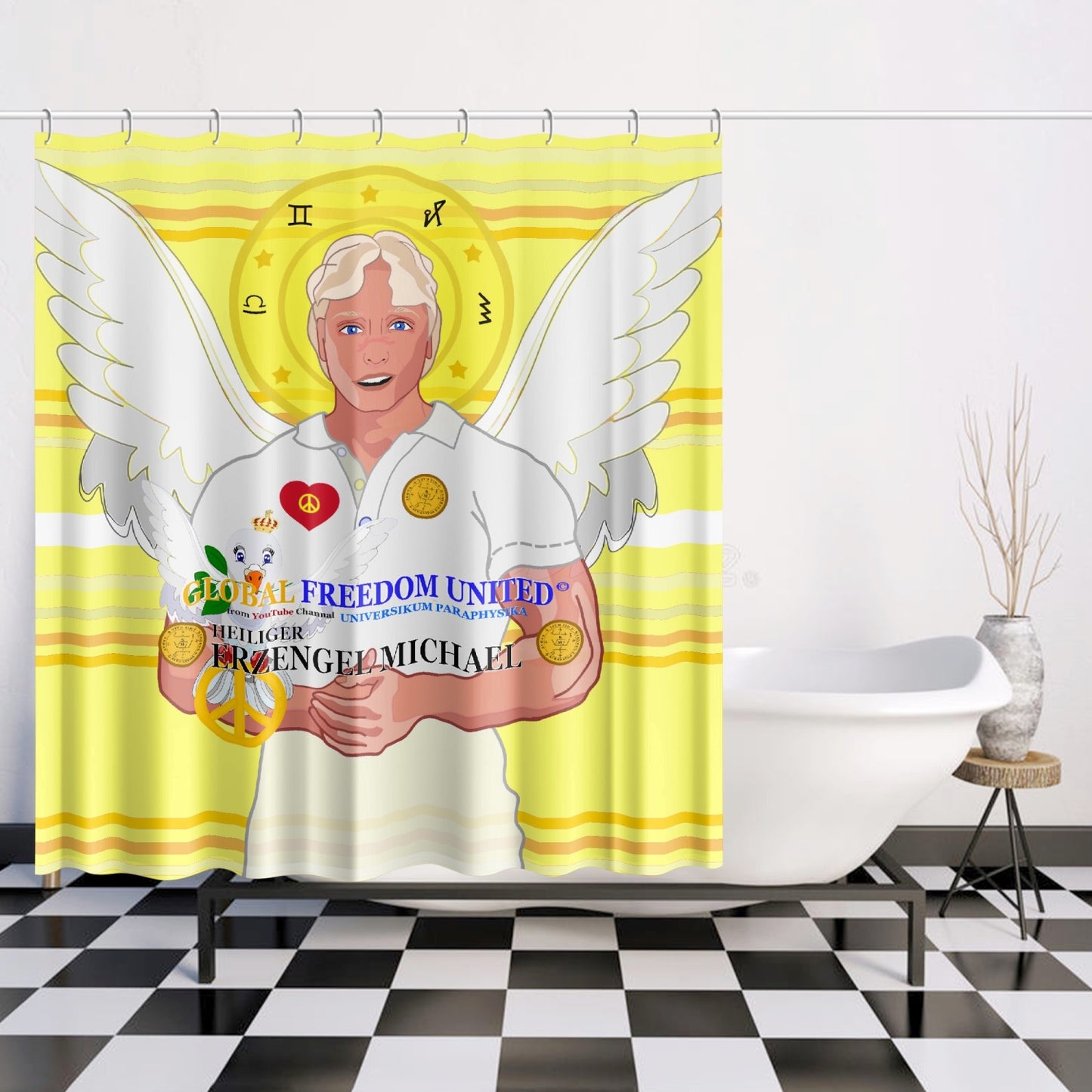Quick-drying Shower Curtain GLOBAL FREEDOM UNITED ARCGANGEL MICHAEL GERMAN YELLOW