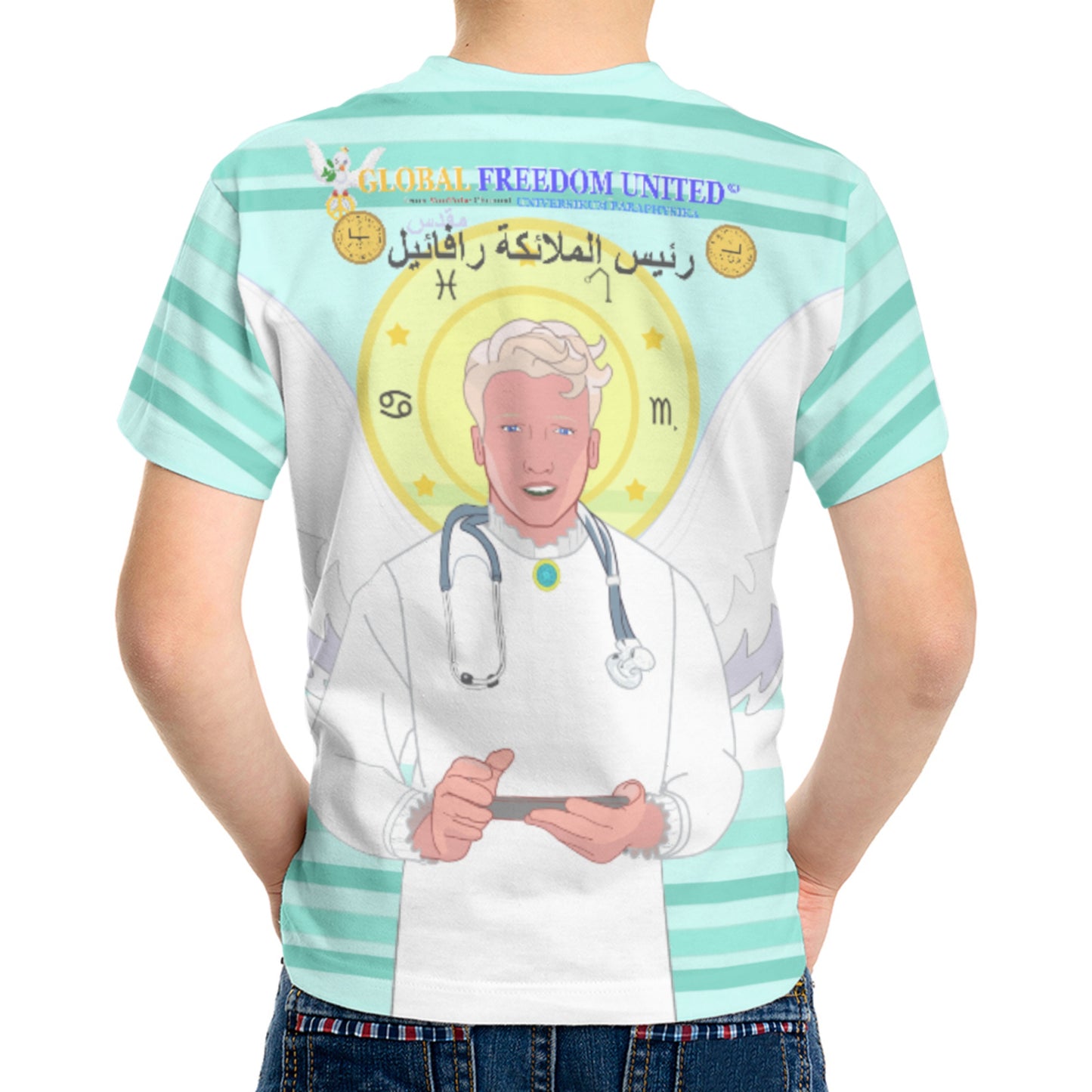 Kid´s T-shirt GLOBAL FREEDOM UNITED© Archangel Rafael Arabic Light Green