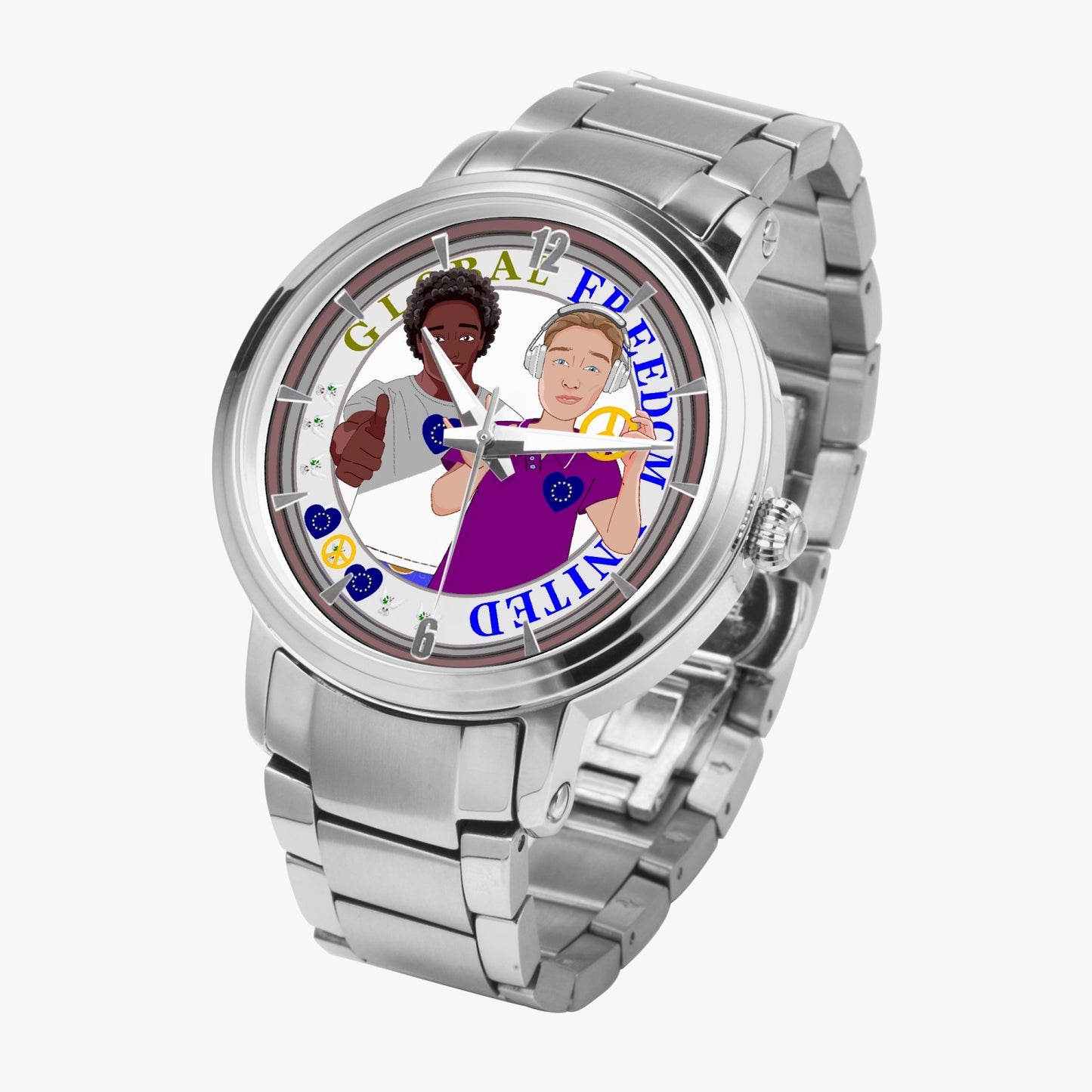 GLOBAL FREEDOM UNITED© New Steel Strap Automatic Watch (With Indicators) Men ANTI FASCISM & RACISM EUROPE