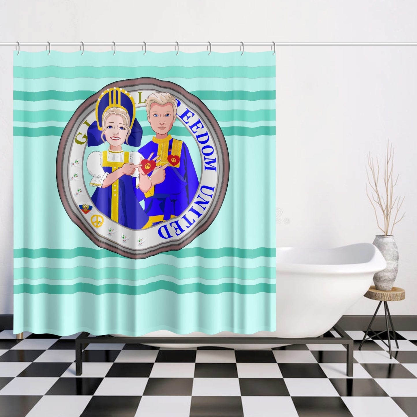 GLOBAL FREEDOM UNITED© Couple Russia Light Green - Quick-drying Shower Curtain