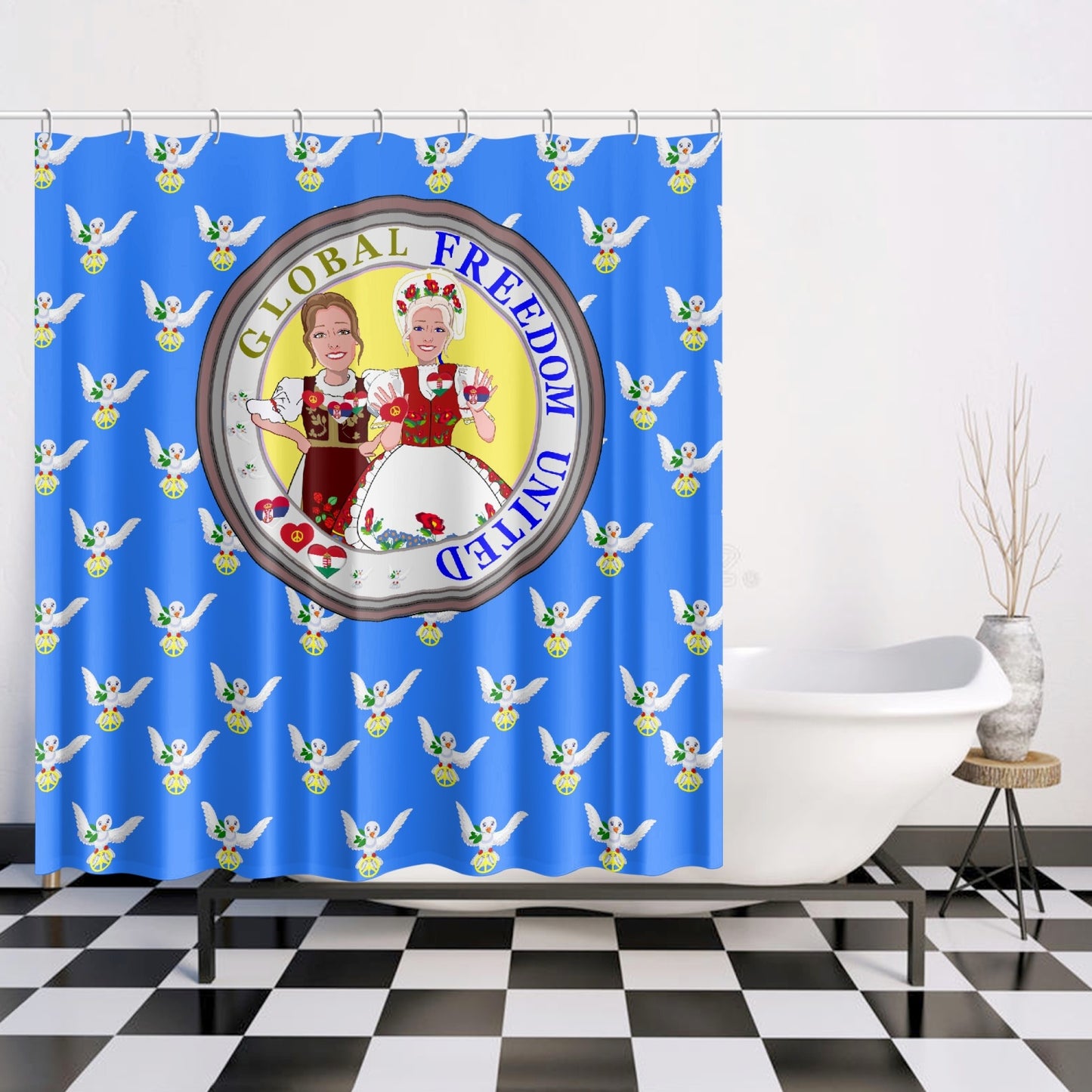 GLOBAL FREEDOM UNITED© WOMEN HUNGARY & SERBIA OLD PEACE BLUE Quick-drying Shower Curtain