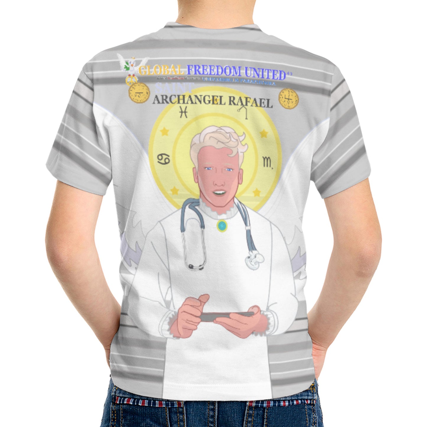 Kid´s T-shirt GLOBAL FREEDOM UNITED© Archangel Rafael English Grey