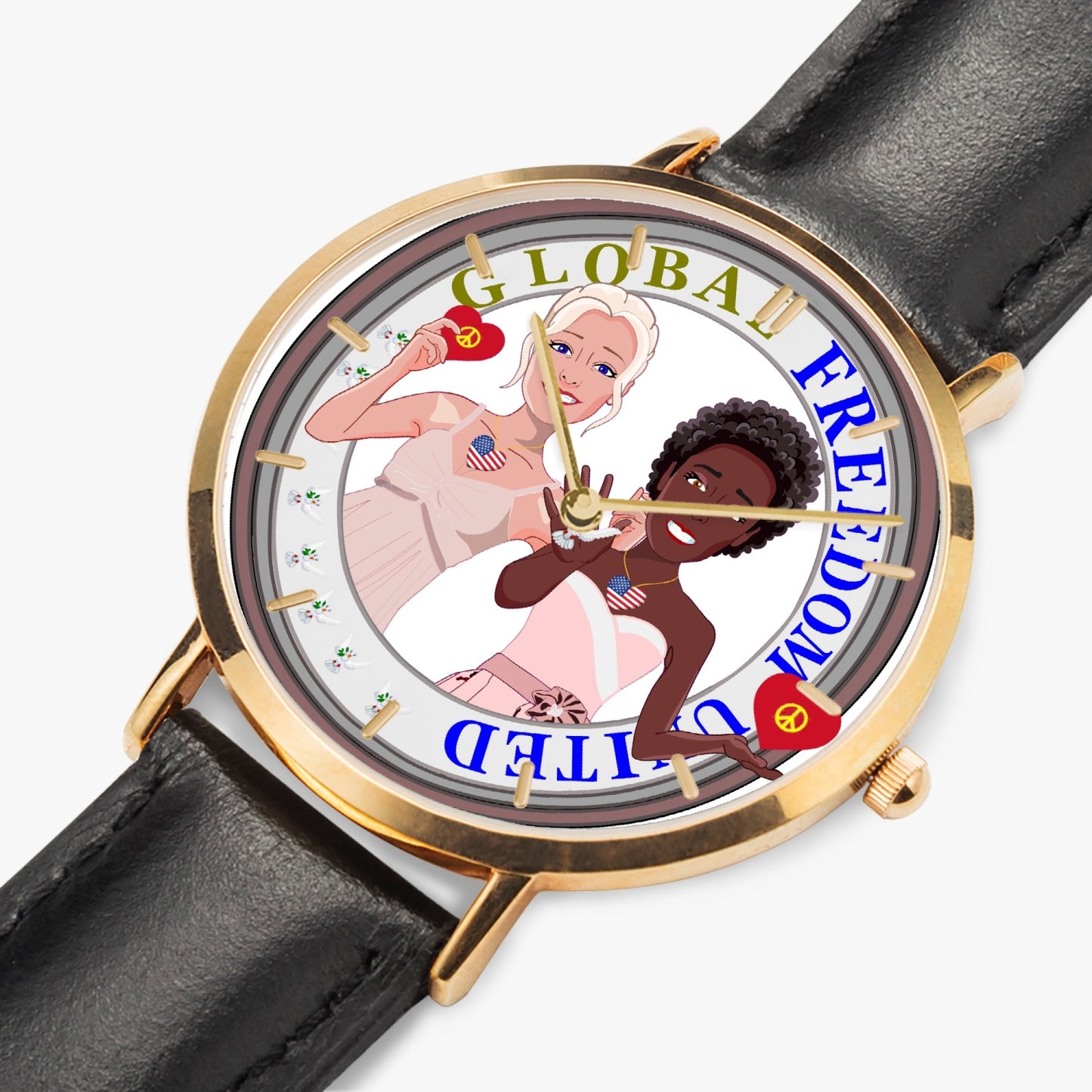 GLOBAL FREEDOM UNITED© Hot Selling Ultra-Thin Leather Strap Quartz Watch (Rose Gold With Indicators) Women ANTI FASCISM & RACISM USA
