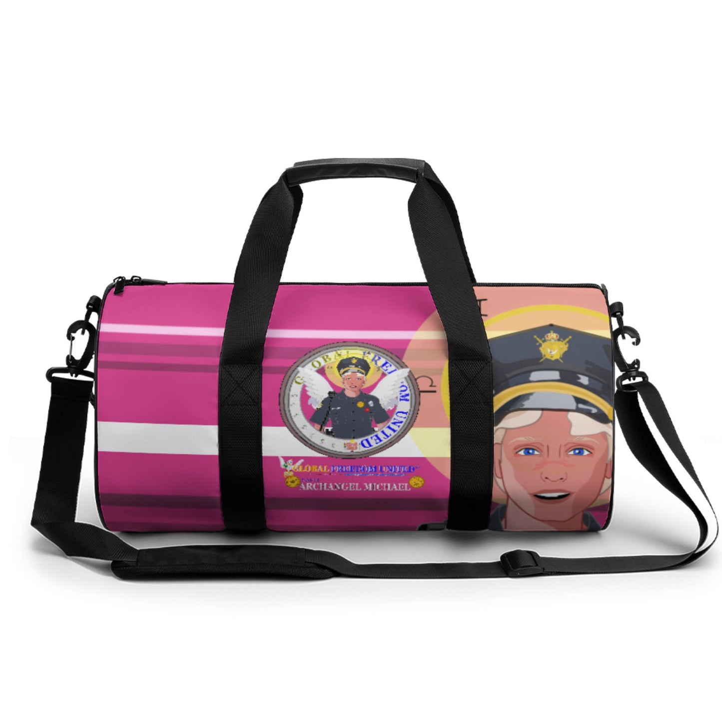 Cylindrical Gym Bag GLOBAL FREEDOM UNITED© Archangel Michael As Policemen Pink2