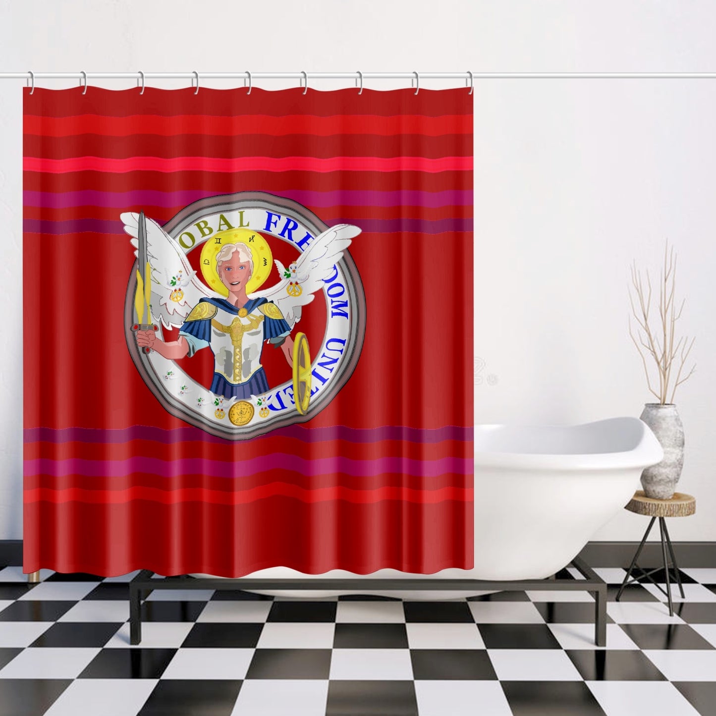 Quick-drying Shower Curtain GLOBAL FREEDOM UNITED© Archangel Michael Version 1 Red
